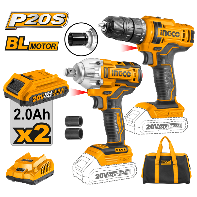 İngco Li-ion Akülü 2 li Kombo Set - Matkap ve Somun sıkma 20V 2.0 Ah