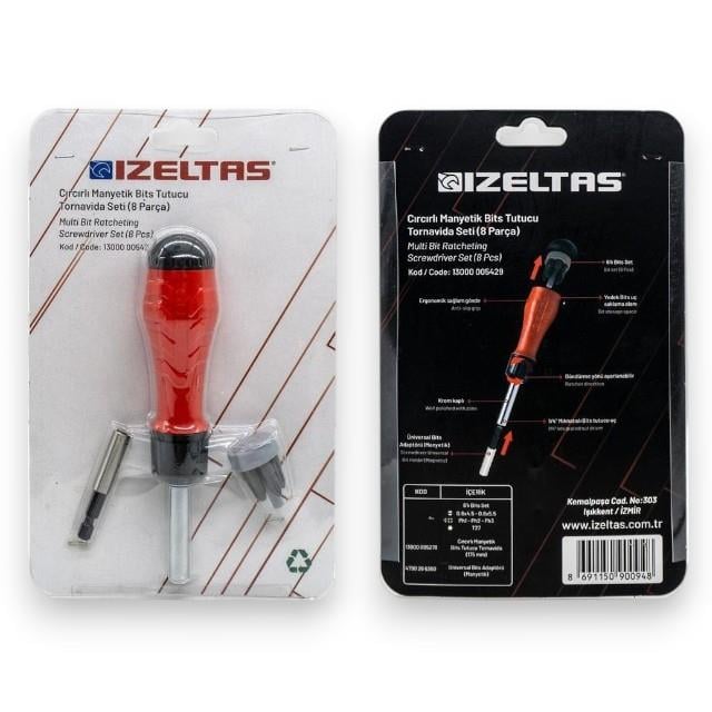 İzeltaş Cırcırlı Manyetik Bits Tutucu Tornavida Seti 8 Parça