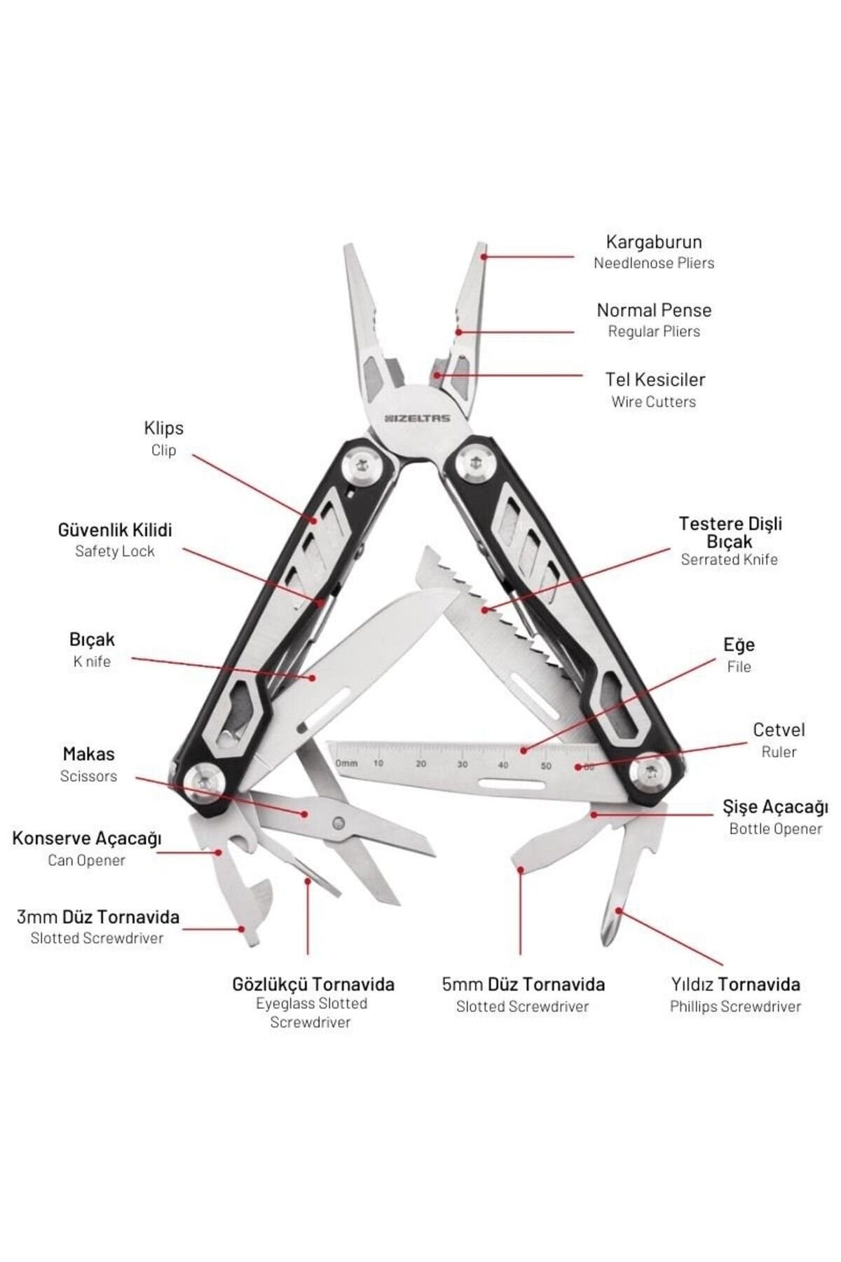 İZELTAŞ Multi Tool 15 Fonksiyona Sahip Katlanabilir Çakı+Pense 155 mm