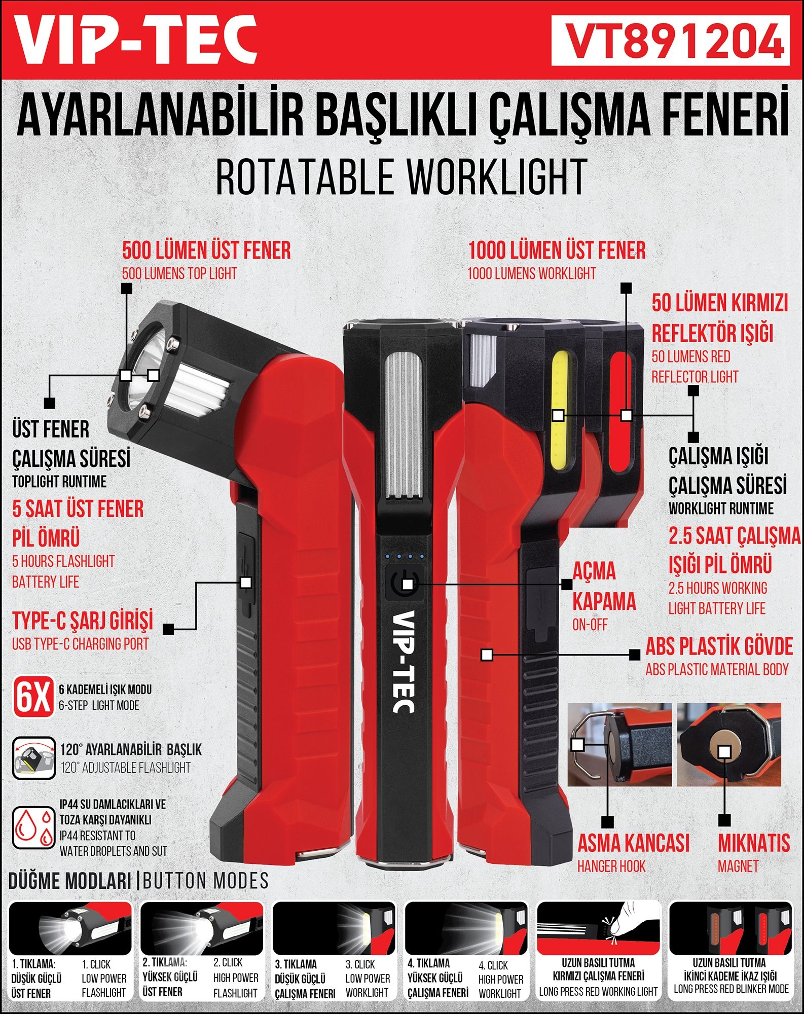 VIPTEC Ayarlanabilir Başlıklı Çalışma Feneri (VT891204)