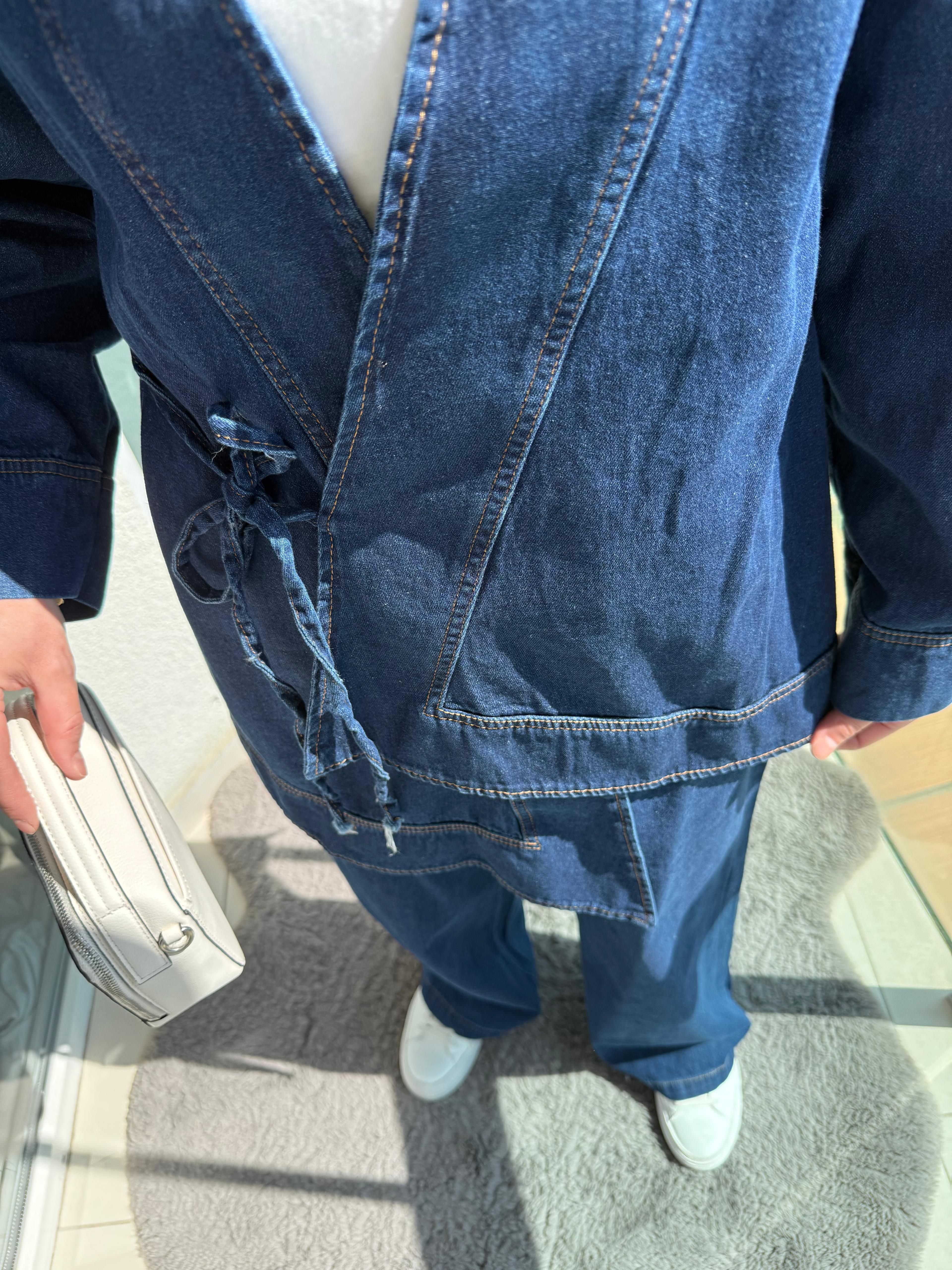 Bağlamalı Lacivert Denim Takım