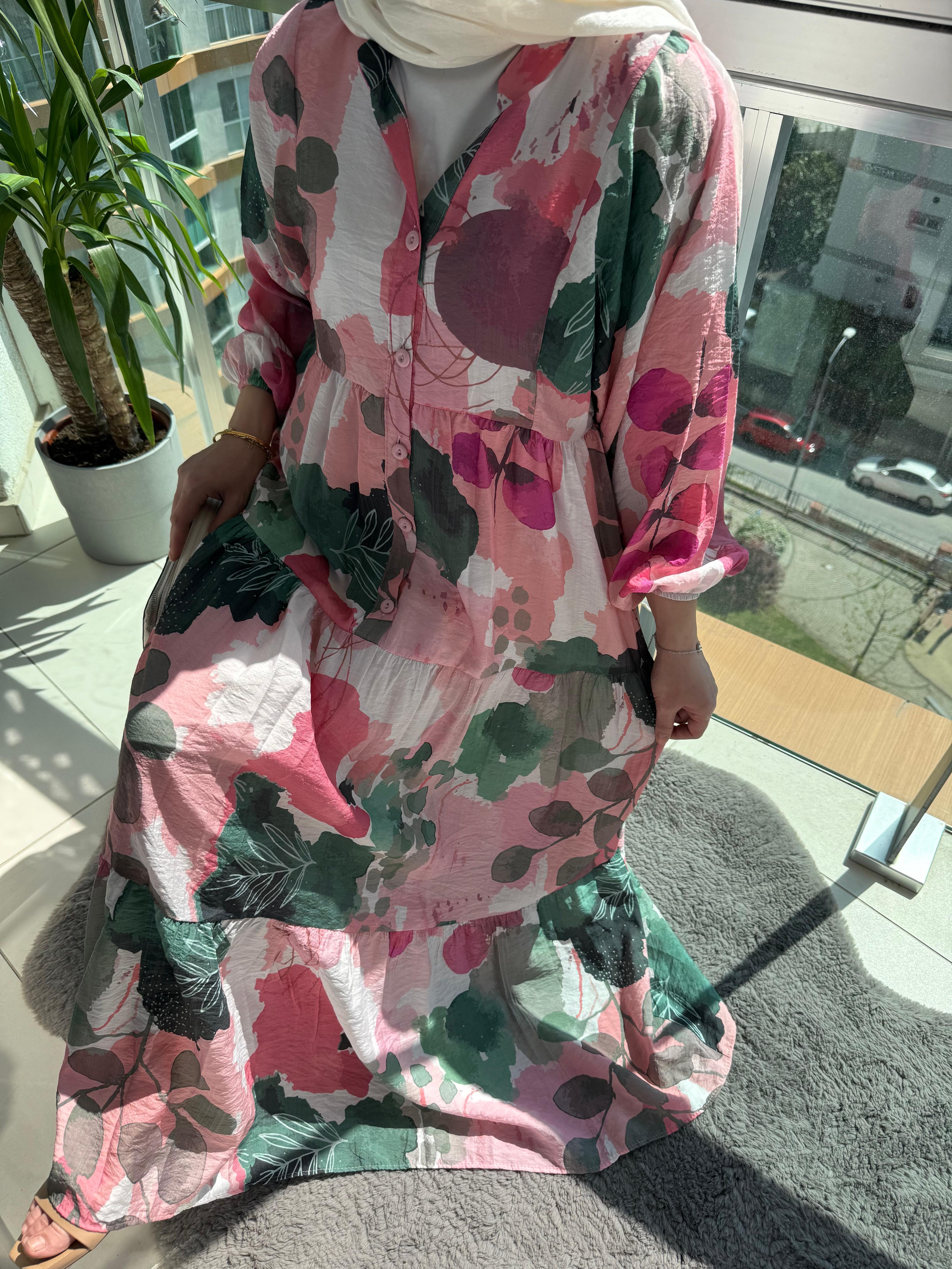 Bahar Pembe Desenli Elbise