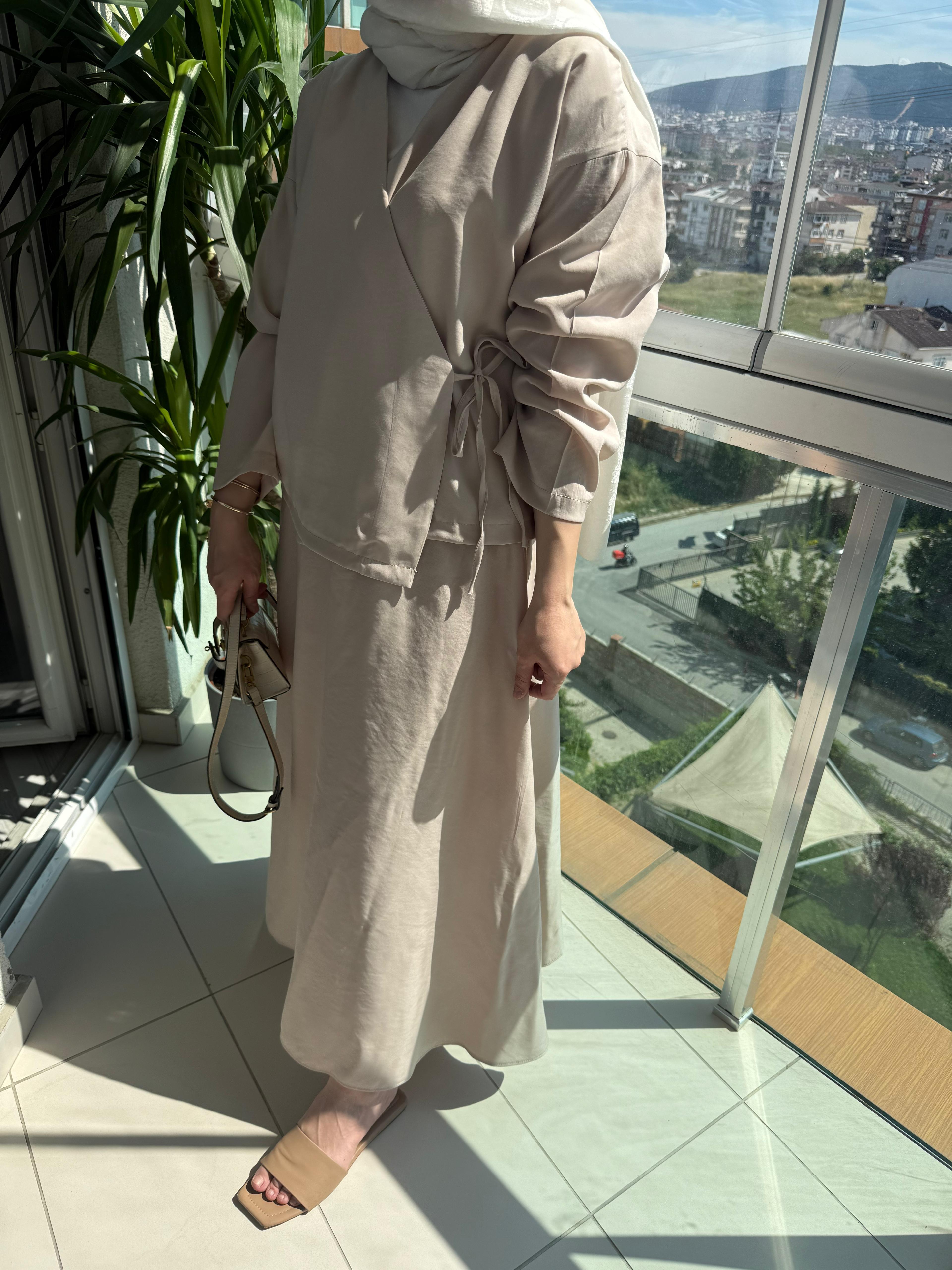 Kimono Etekli Bej Takım