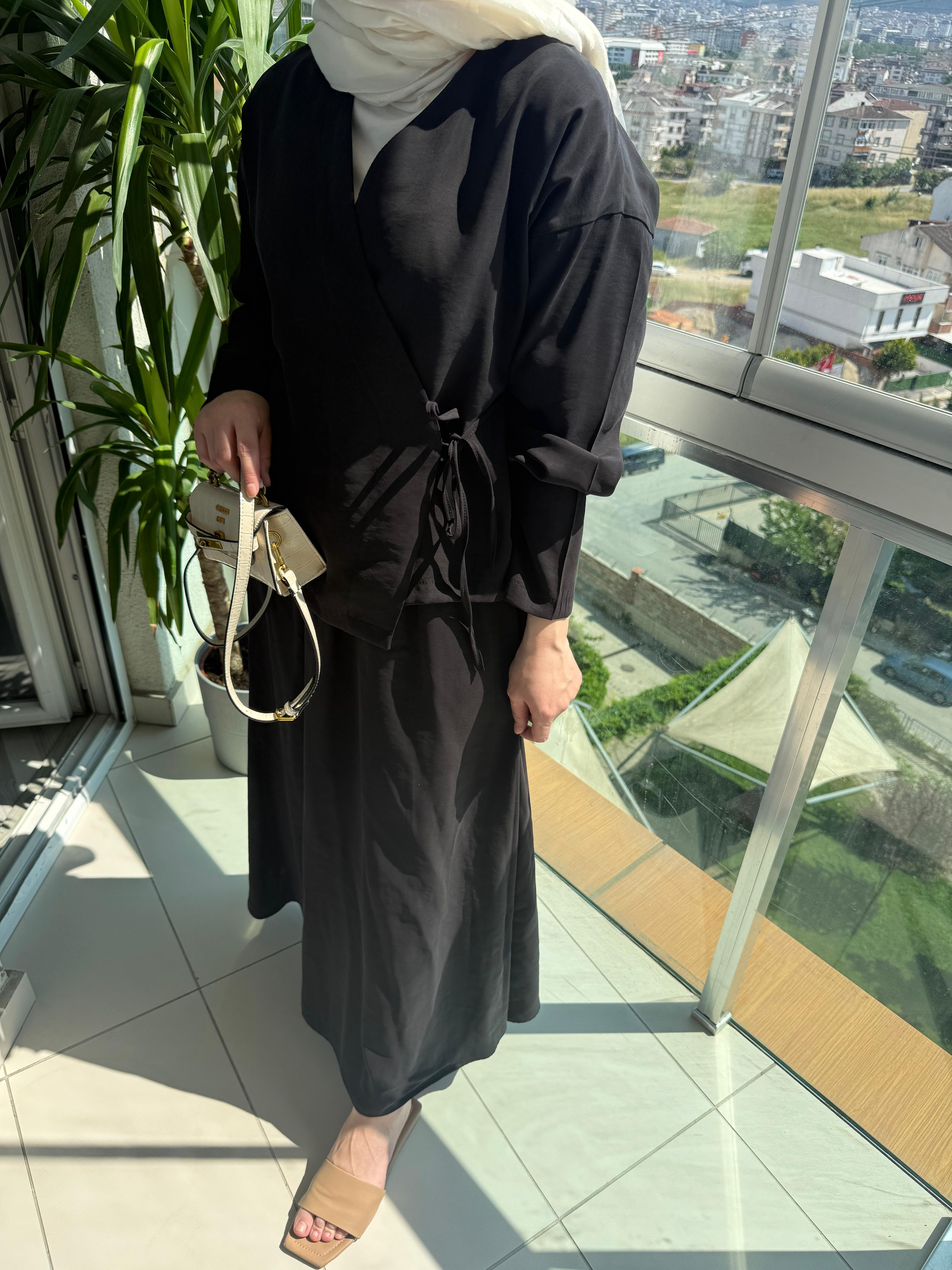 Kimono Etekli Siyah Takım