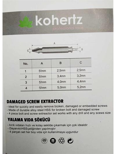KOHERTZ Bozuk (Hasarlı) Vida Sökücü (2080 Hss Çeliği) 