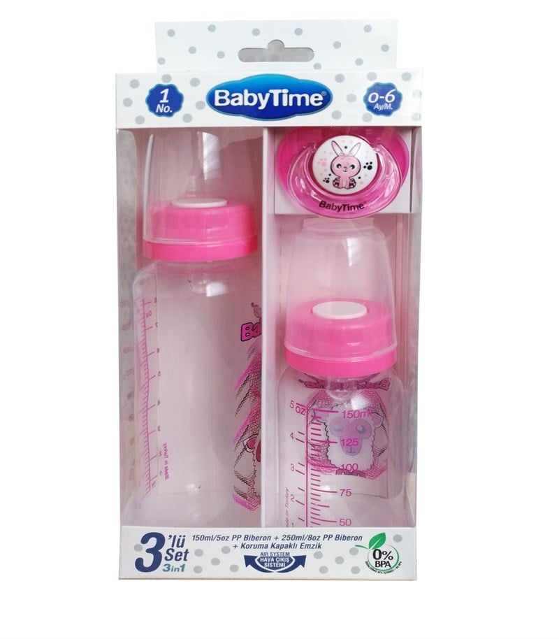 Baby Time 3lü PP Plastik Biberon Set 0-6 Ay - Pembe