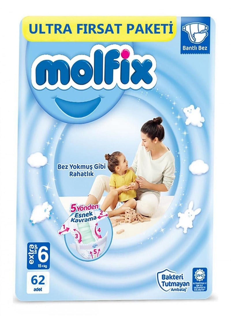 Molfix Bebek Bezi 3D 6 Beden Extra Large 15+ Kg 62li Ultra Fırsat Paketi