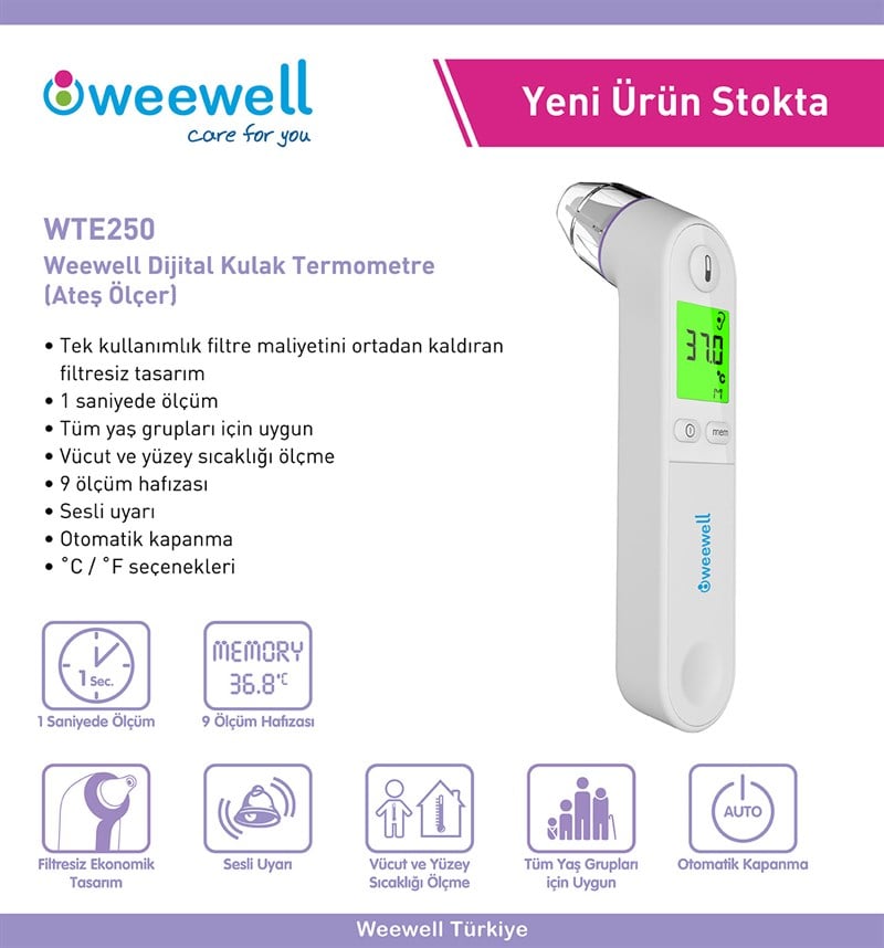 Weewell WTE250 Dijital Kulaktan Ateş Ölçer 