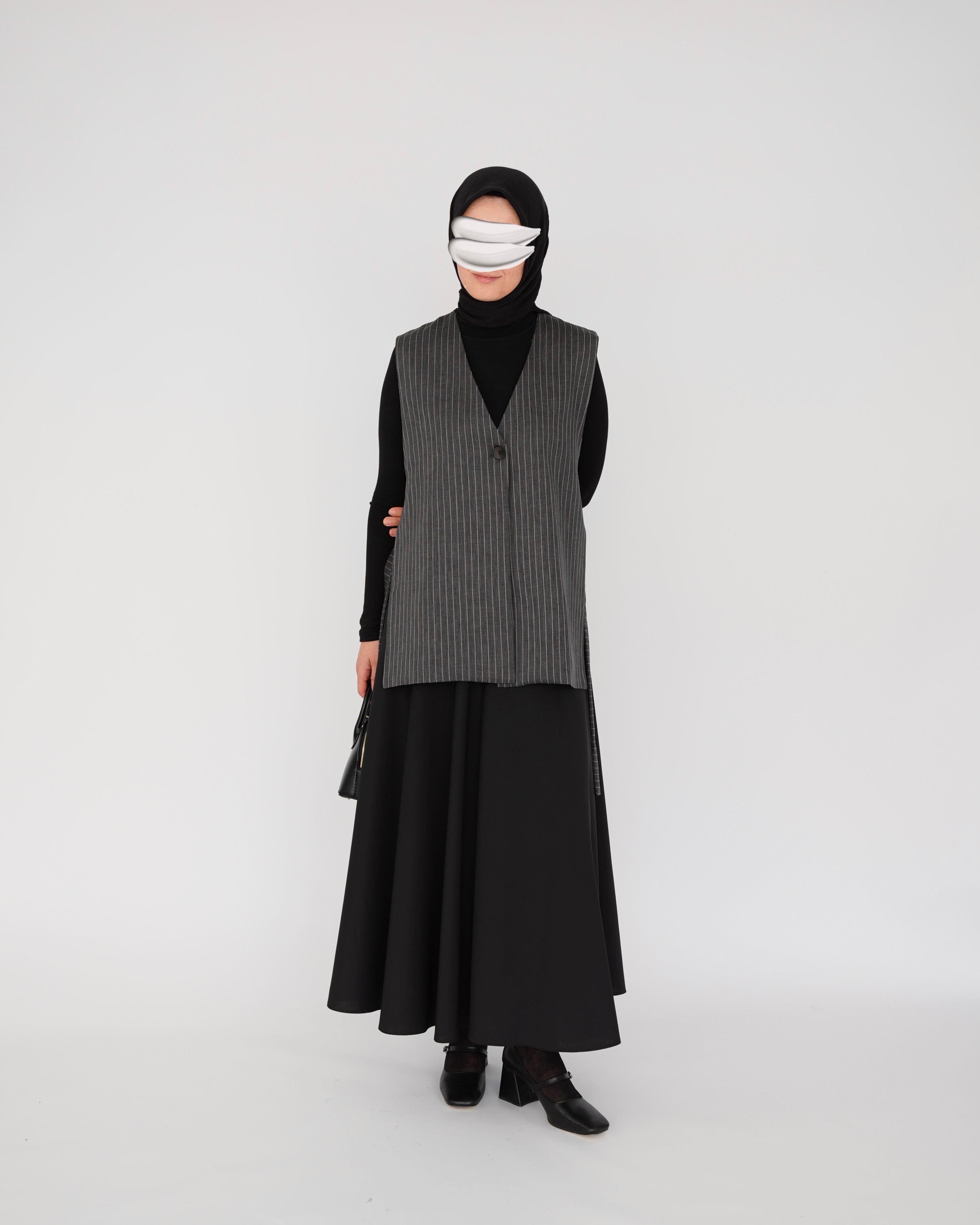 Çizgili Bağlamalı Yelek Füme