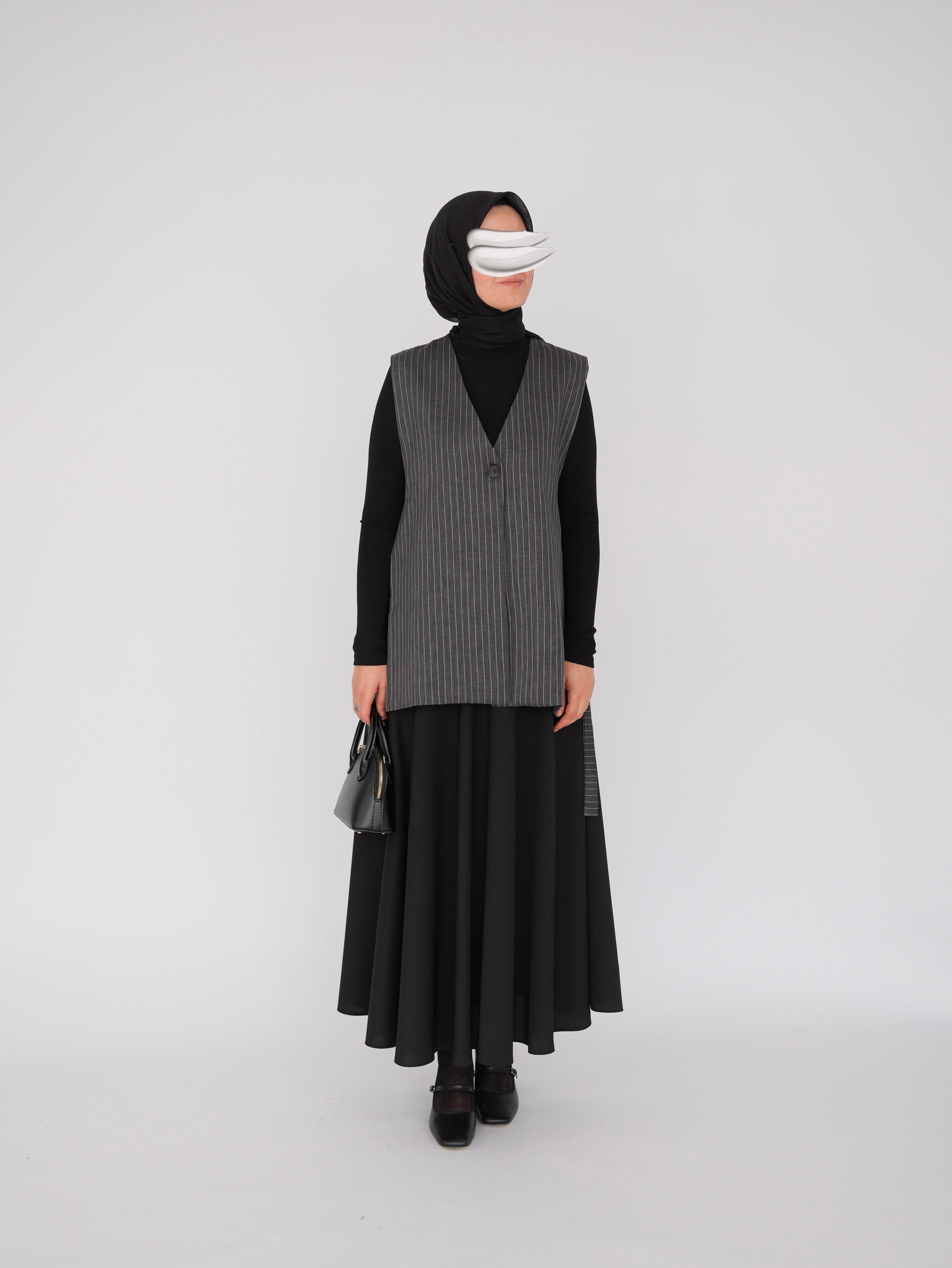 Çizgili Bağlamalı Yelek Füme