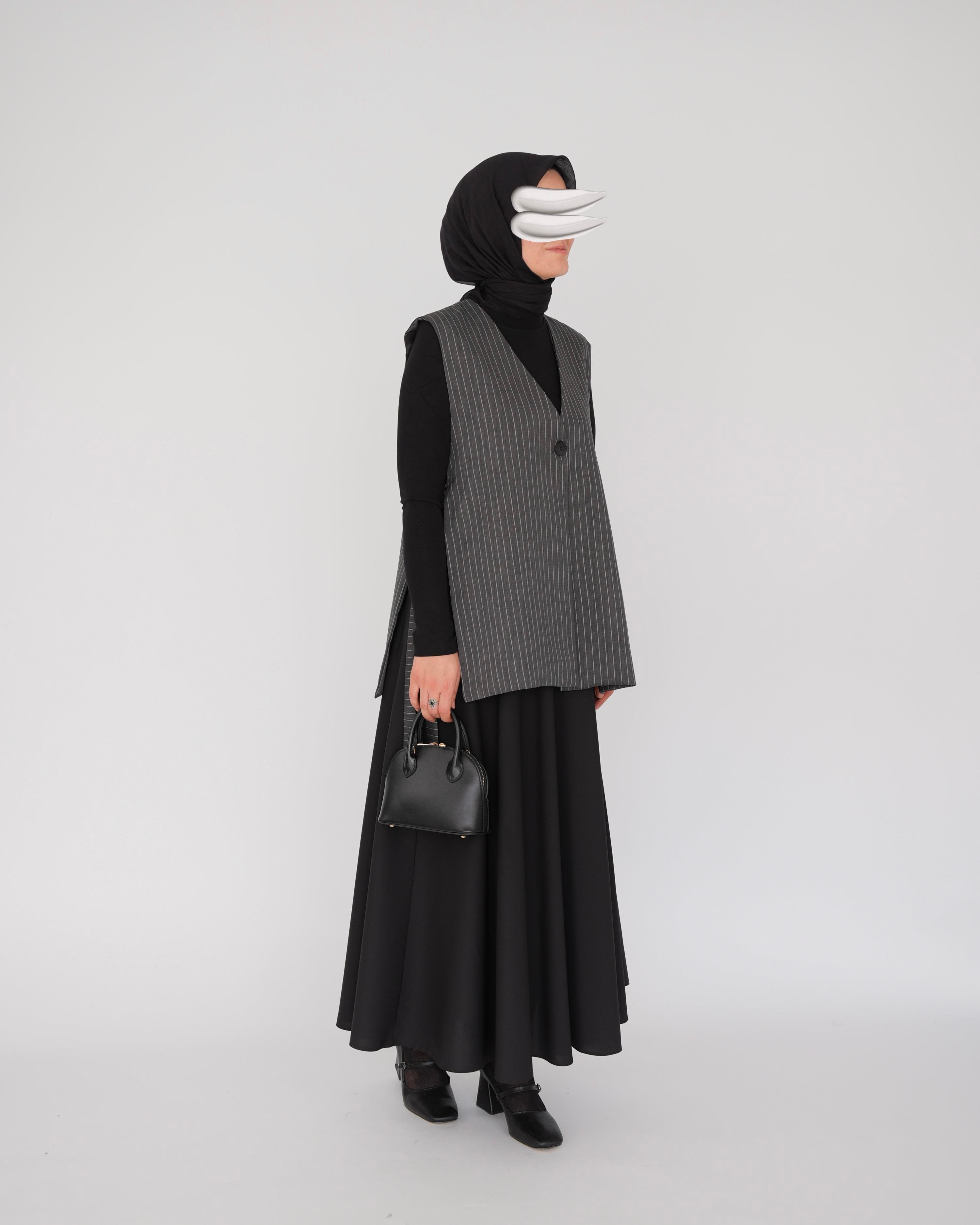 Çizgili Bağlamalı Yelek Füme