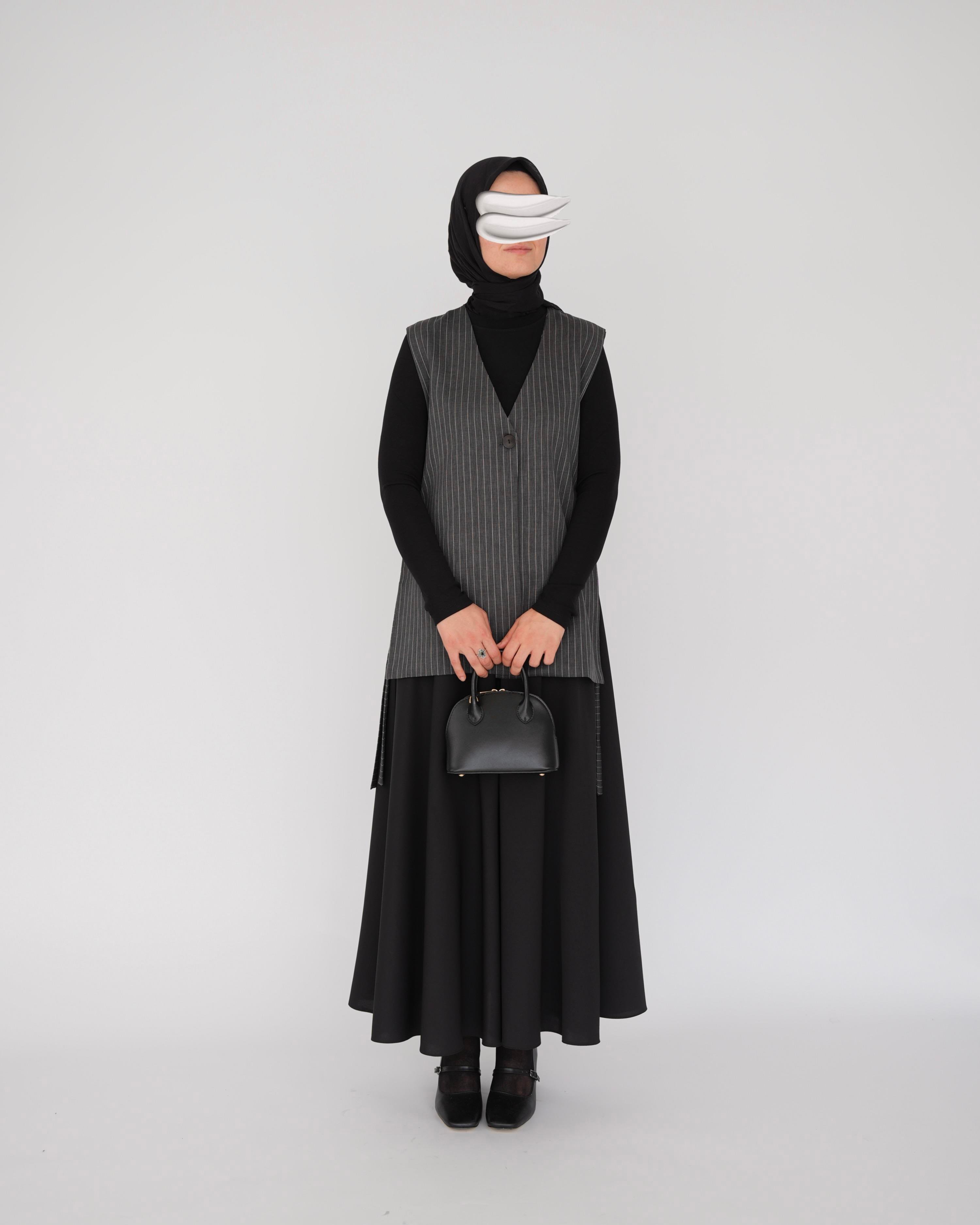 Çizgili Bağlamalı Yelek Füme