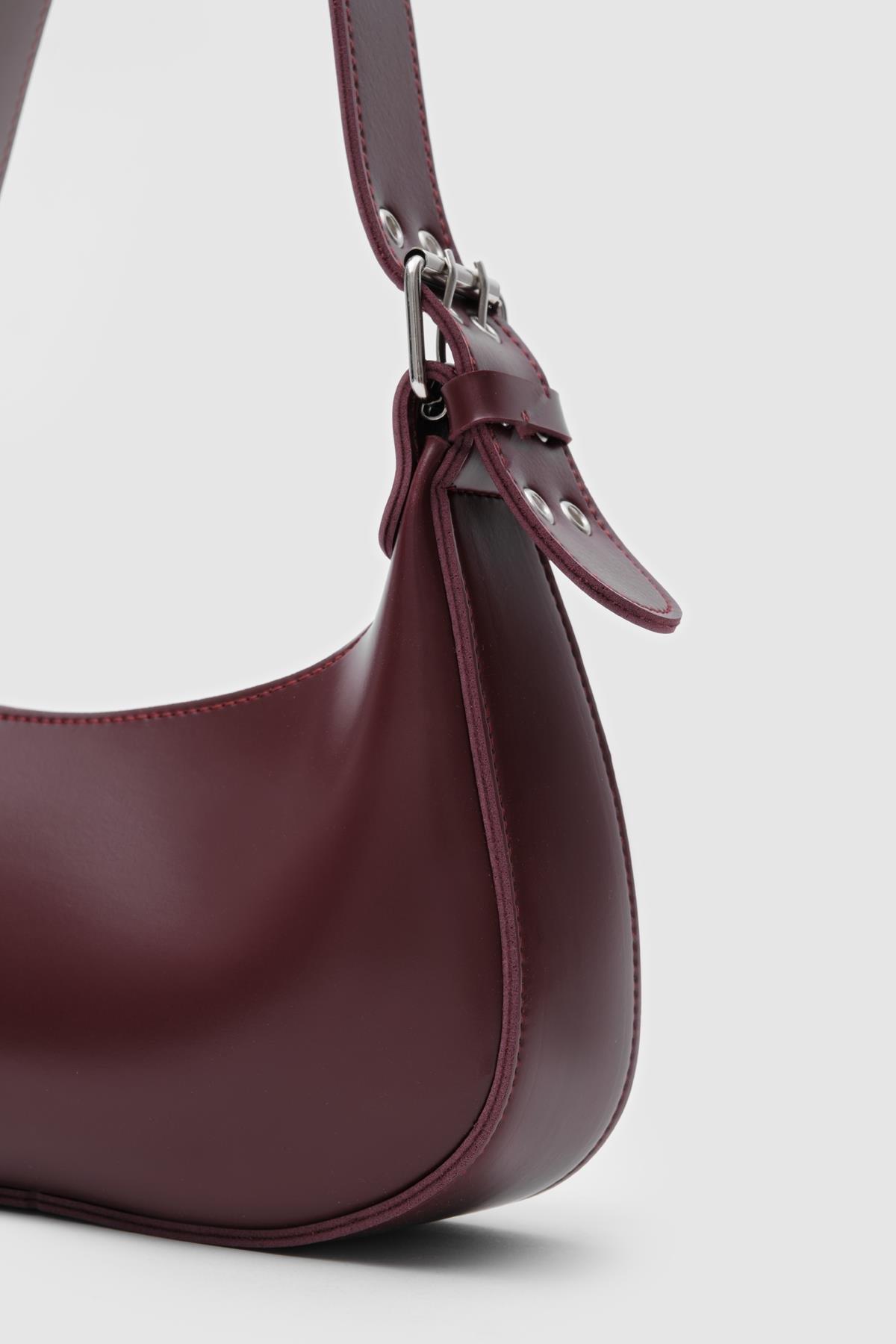 Deri Oval Baget Çanta Bordo