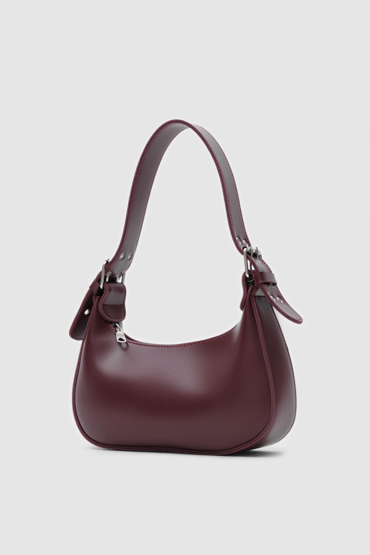 Deri Oval Baget Çanta Bordo