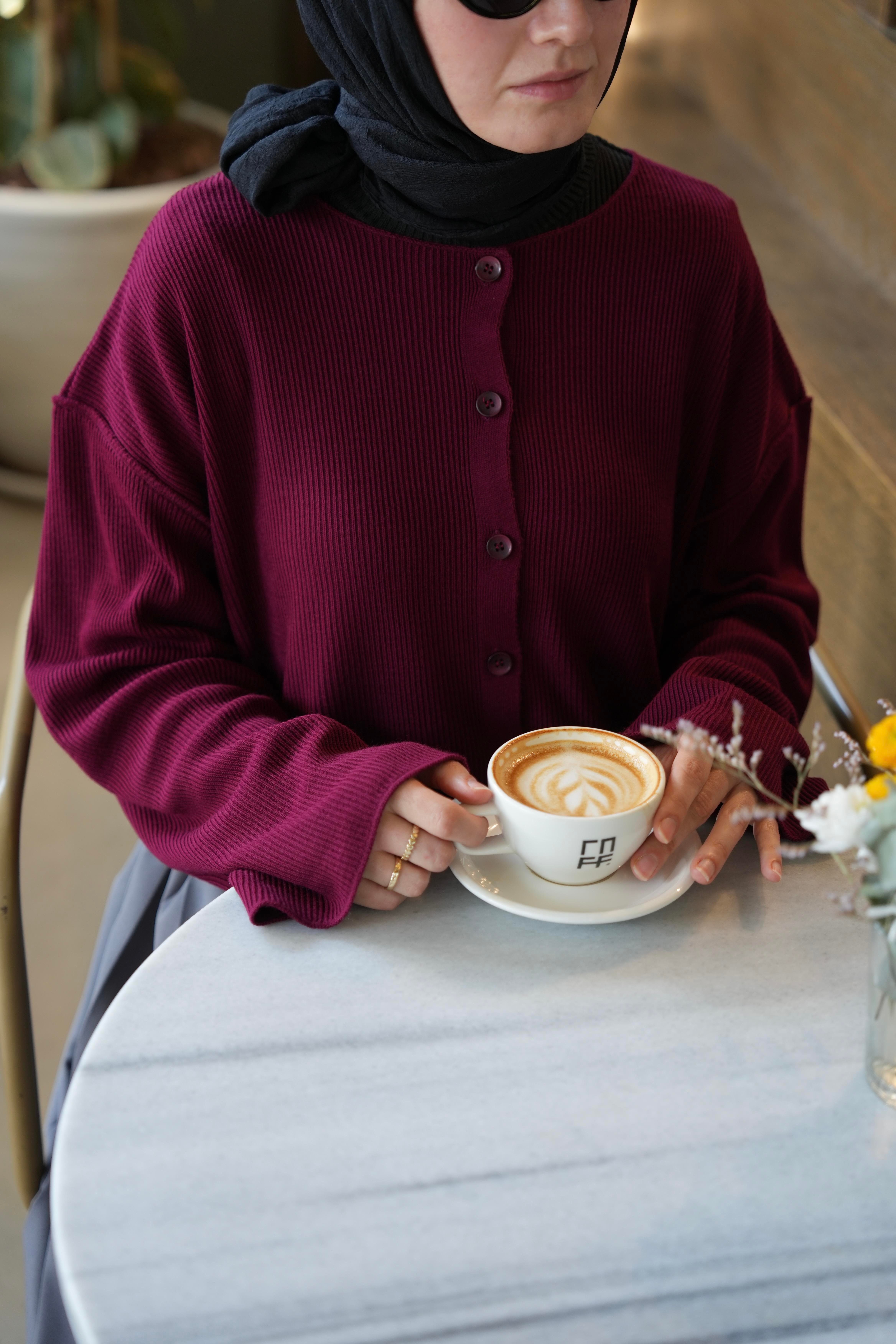 Düğmeli Basıc Hırka Bordo