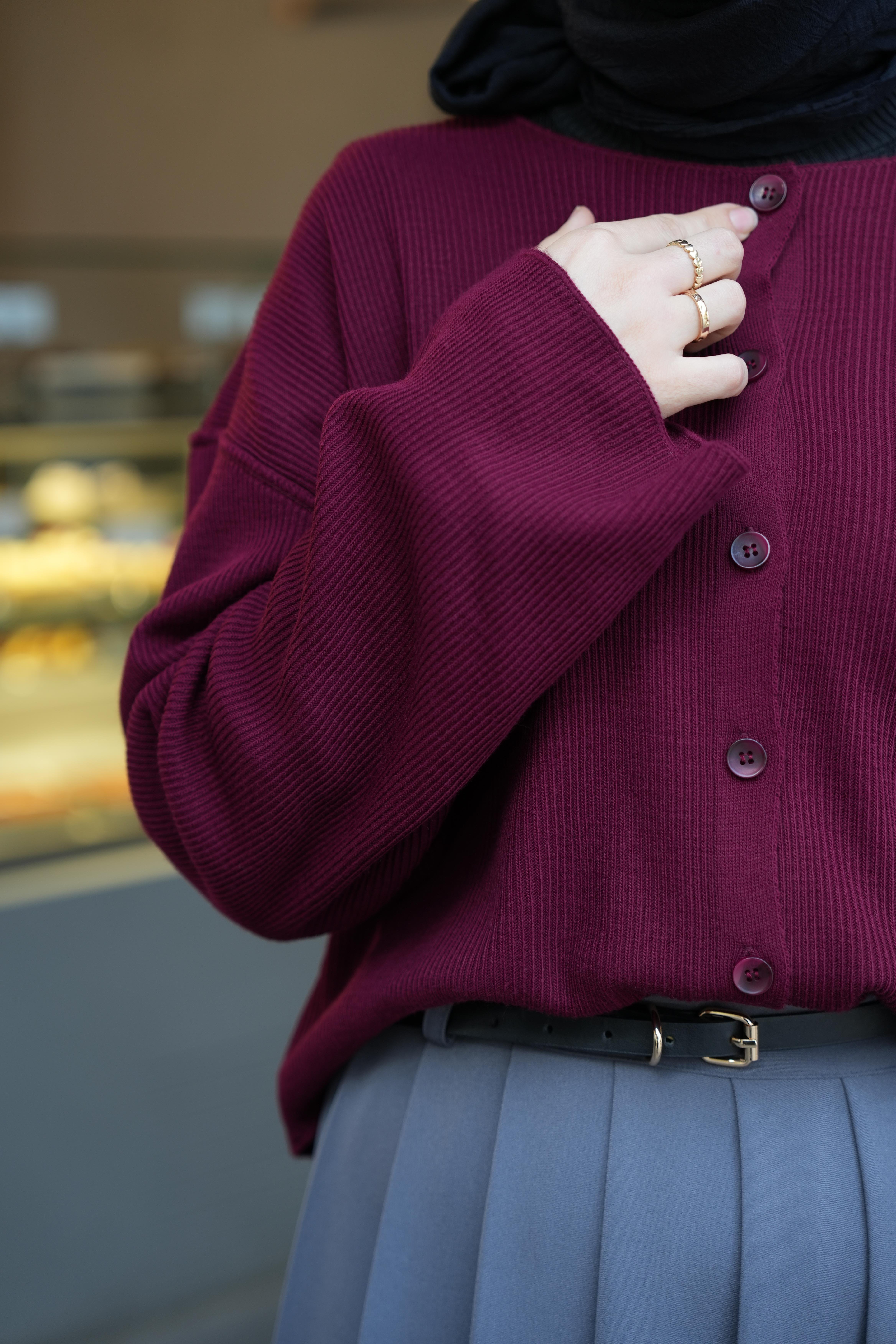 Düğmeli Basıc Hırka Bordo