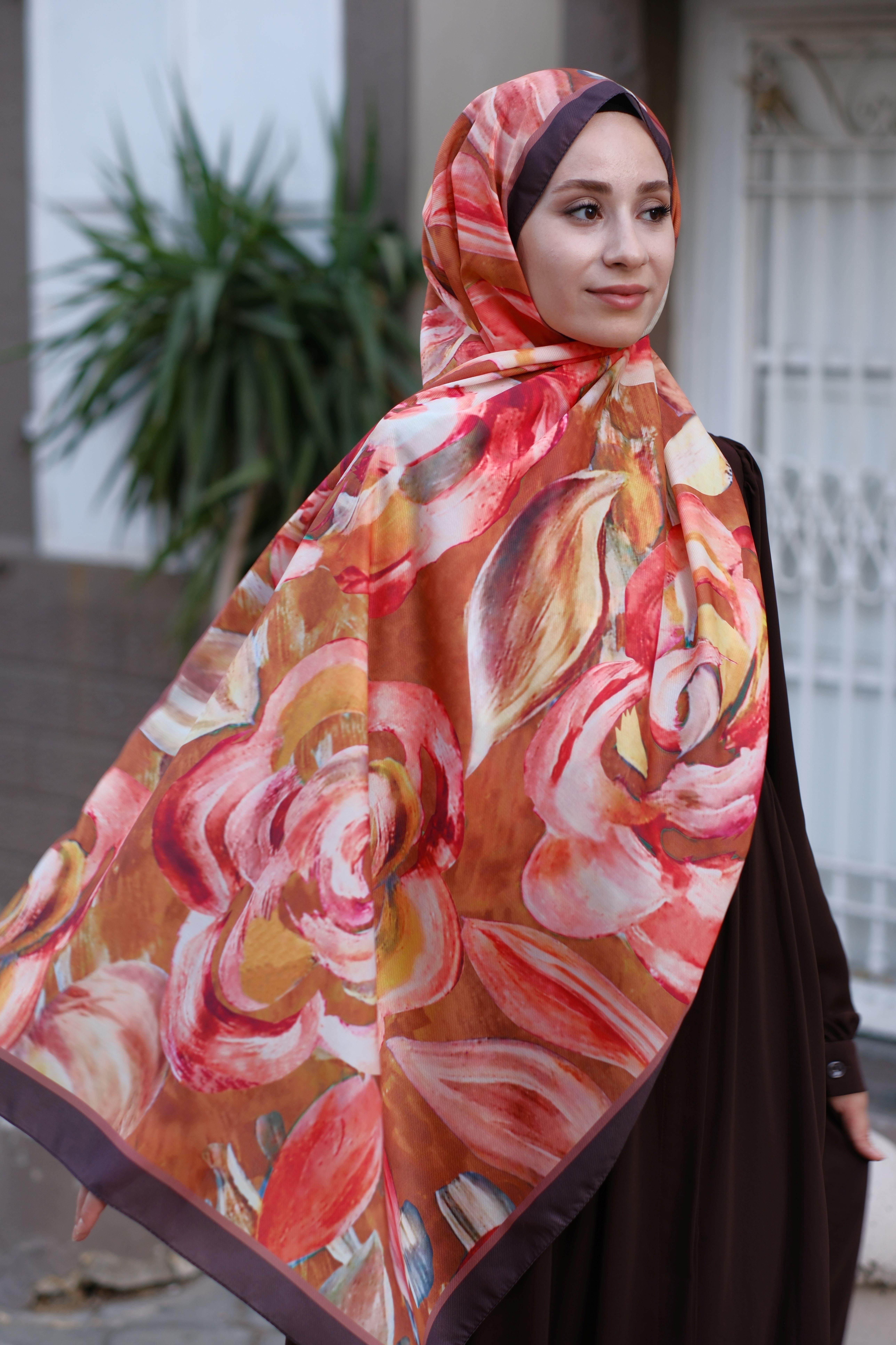 Gül Desenli Şal Kahverengi