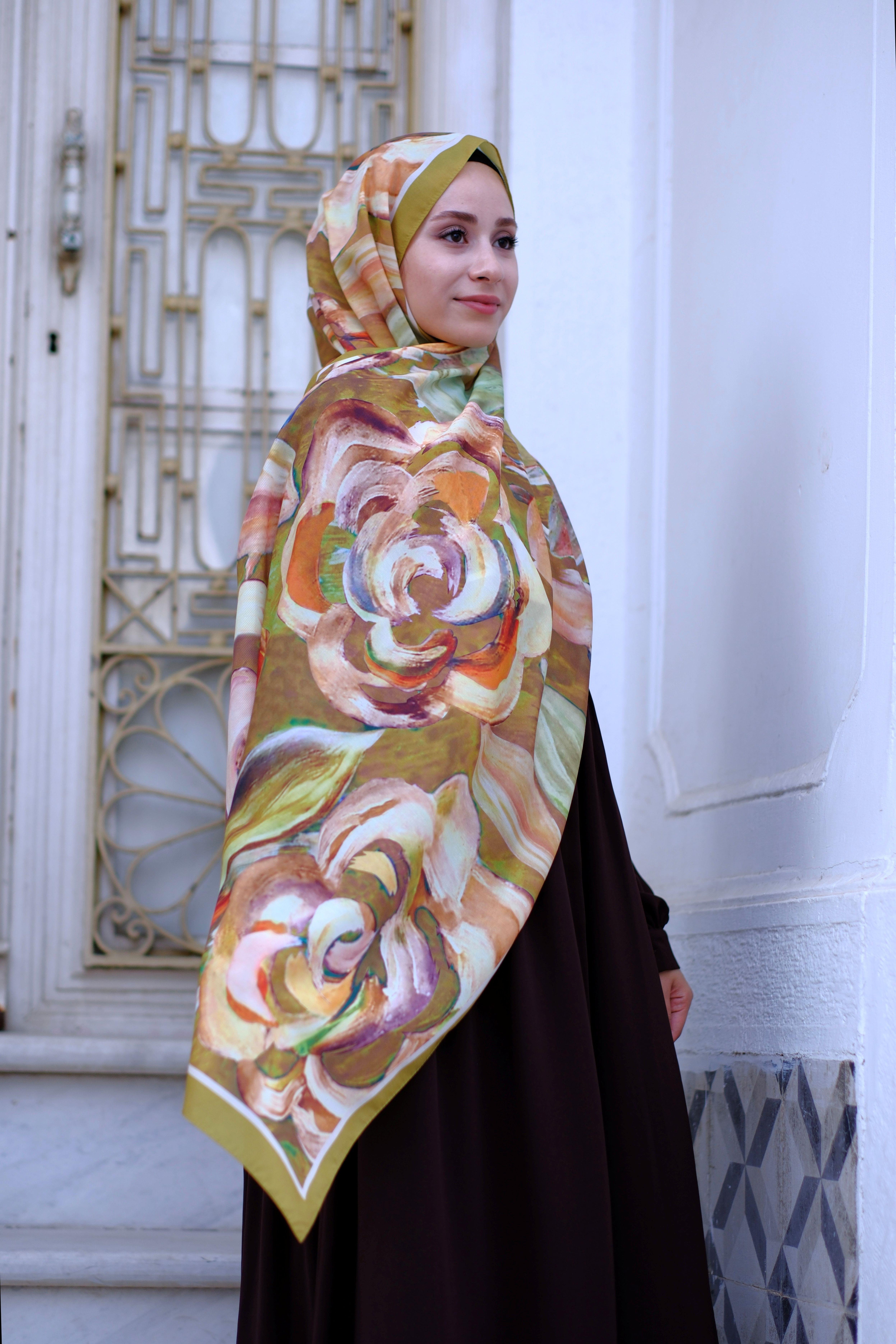 Gül Desenli Şal Yağ Yeşili