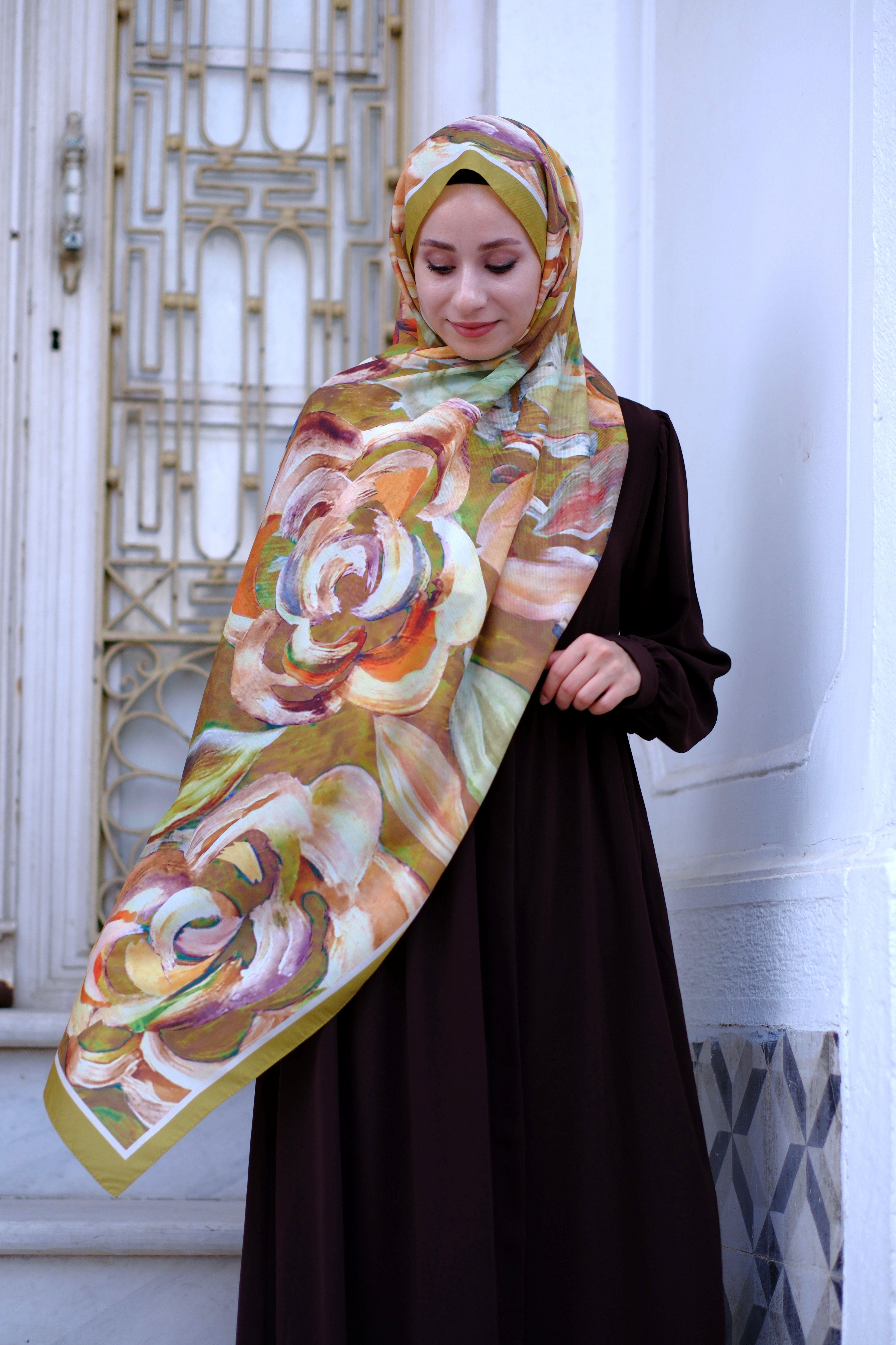 Gül Desenli Şal Yağ Yeşili