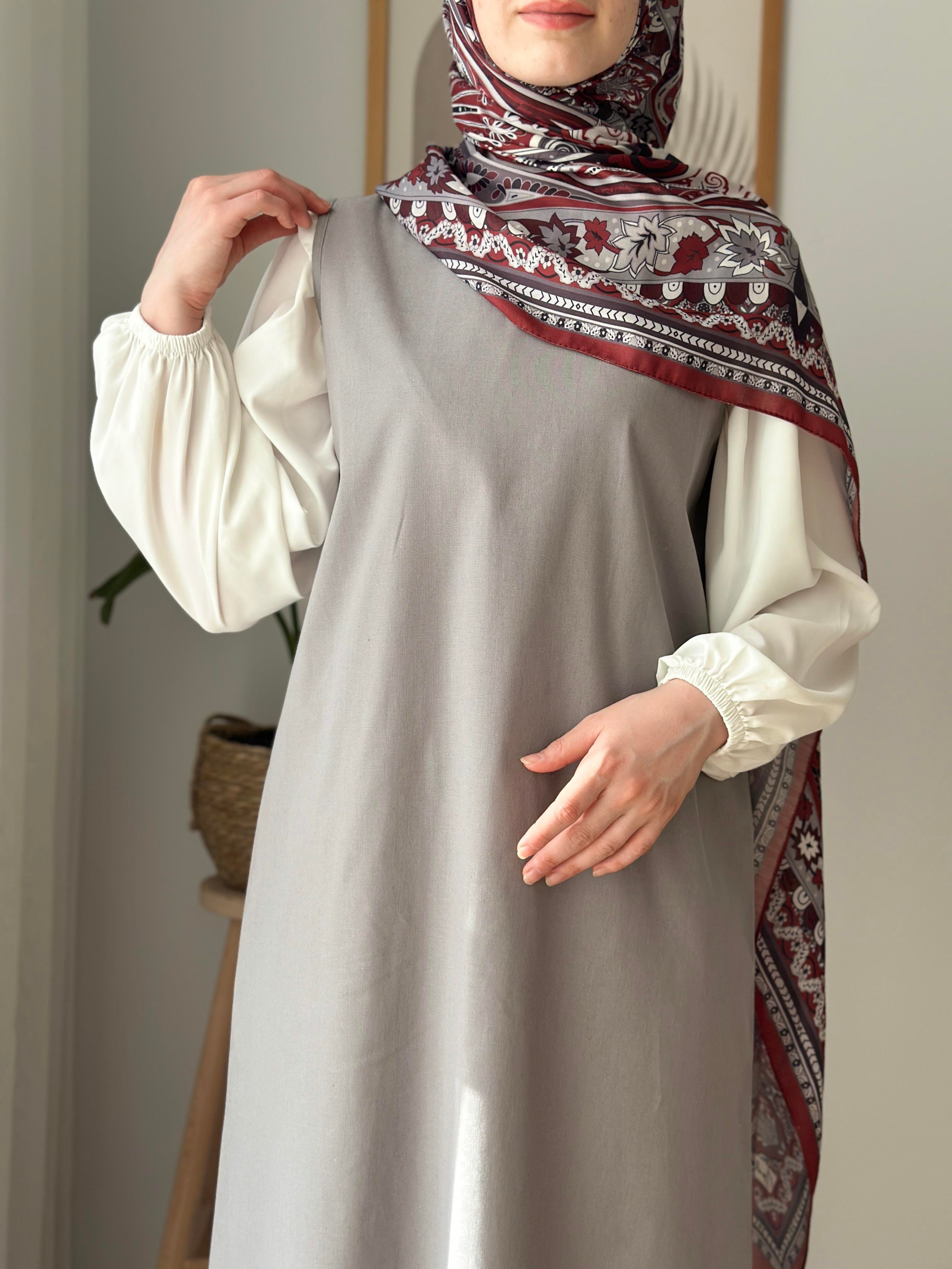 Kolsuz Keten Elbise Gri