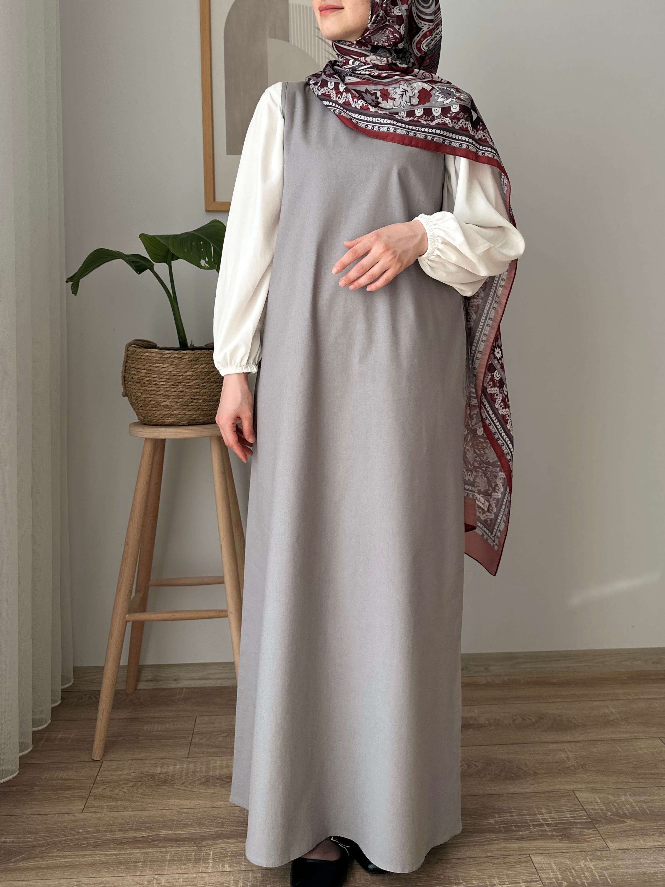 Kolsuz Keten Elbise Gri