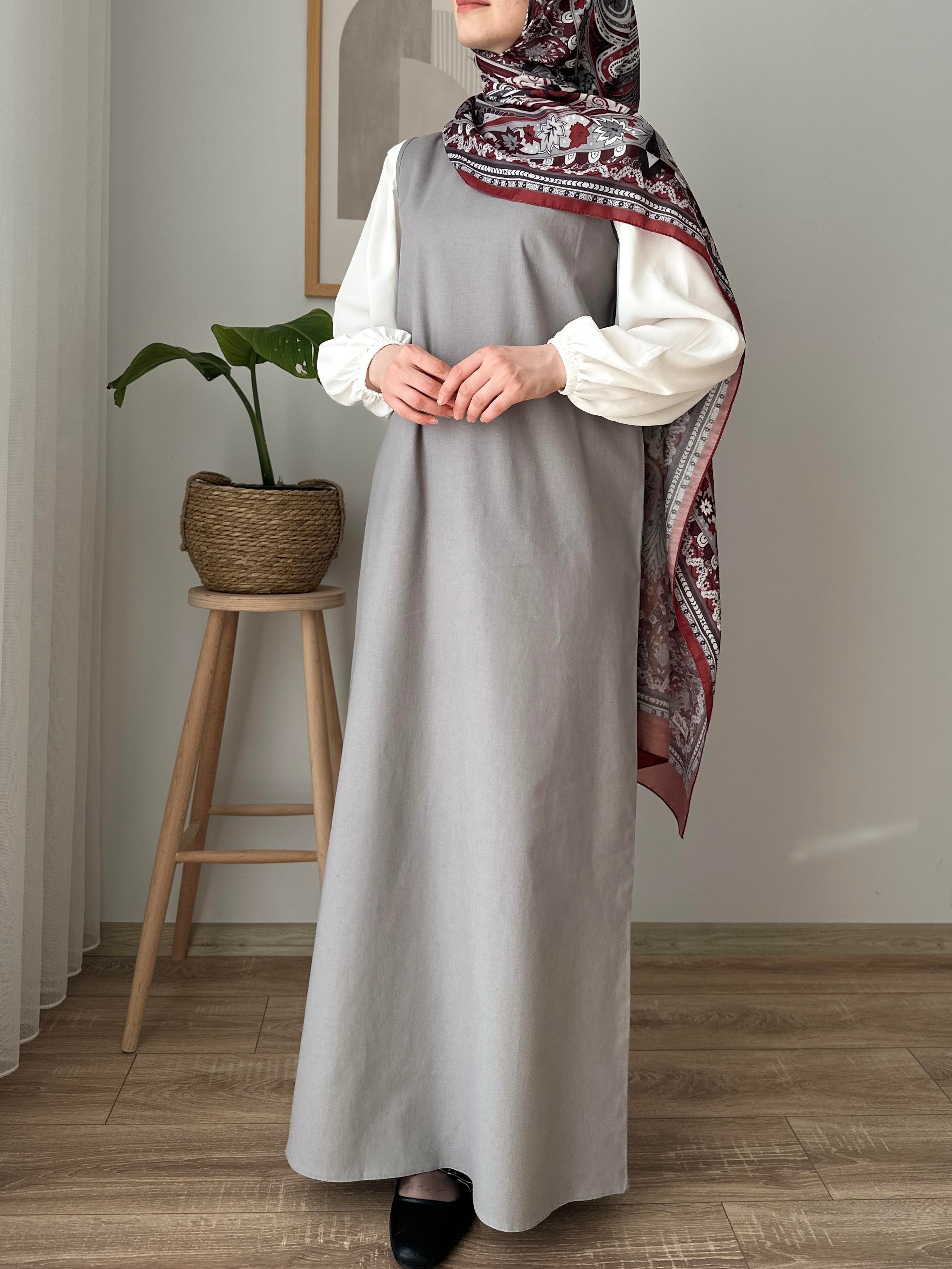 Kolsuz Keten Elbise Gri