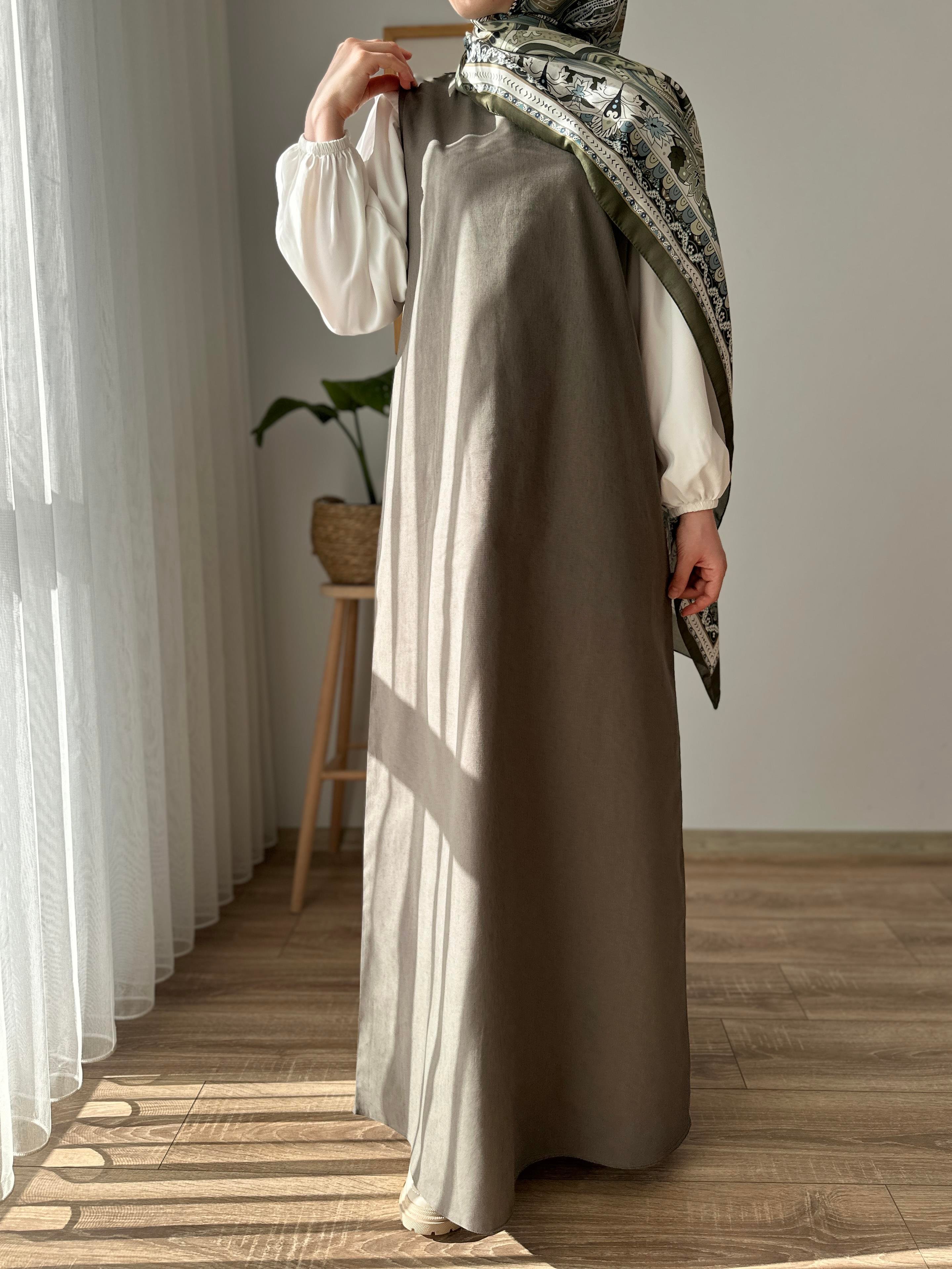 Kolsuz Keten Elbise Haki Yeşil