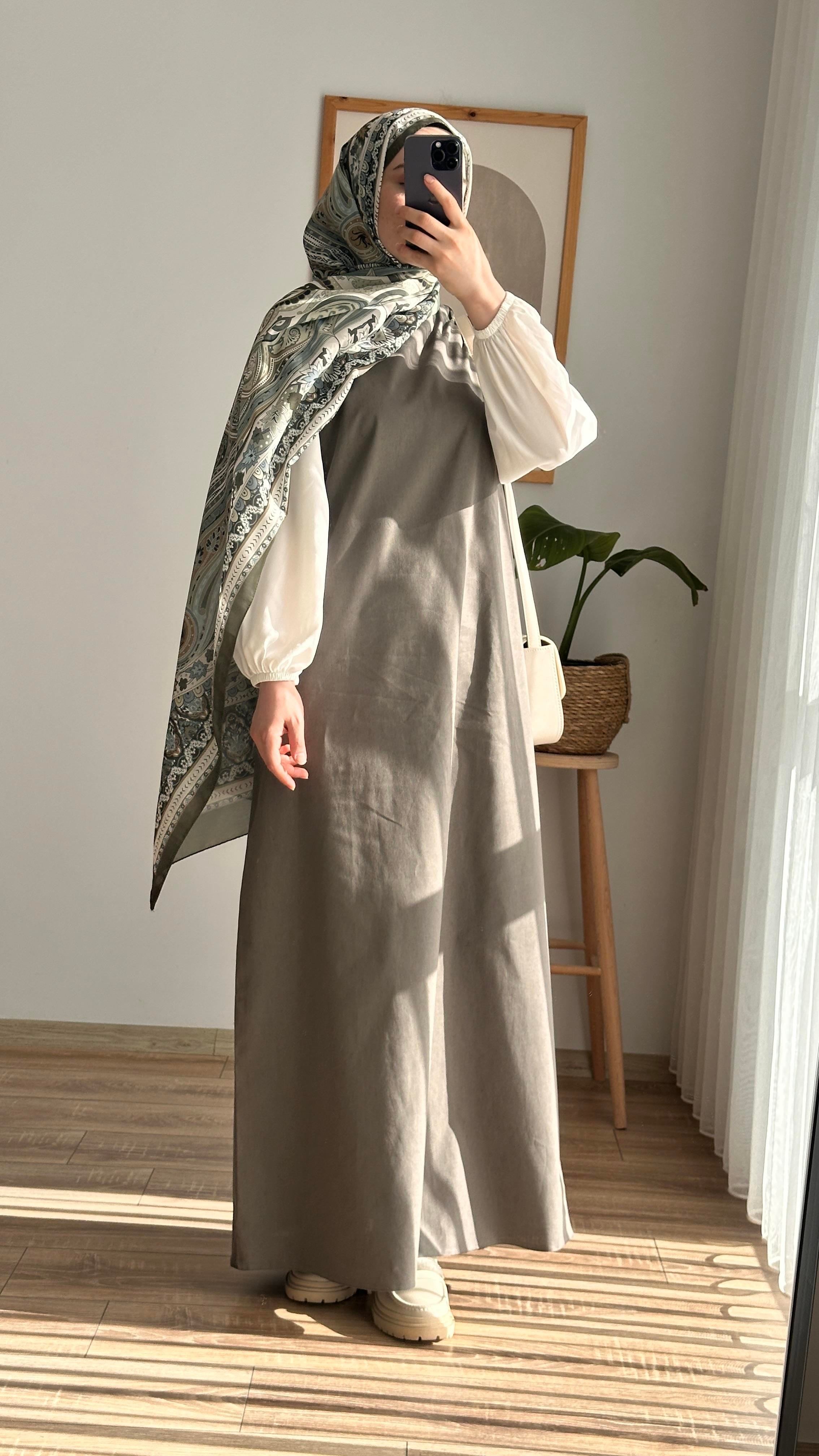 Kolsuz Keten Elbise Haki Yeşil