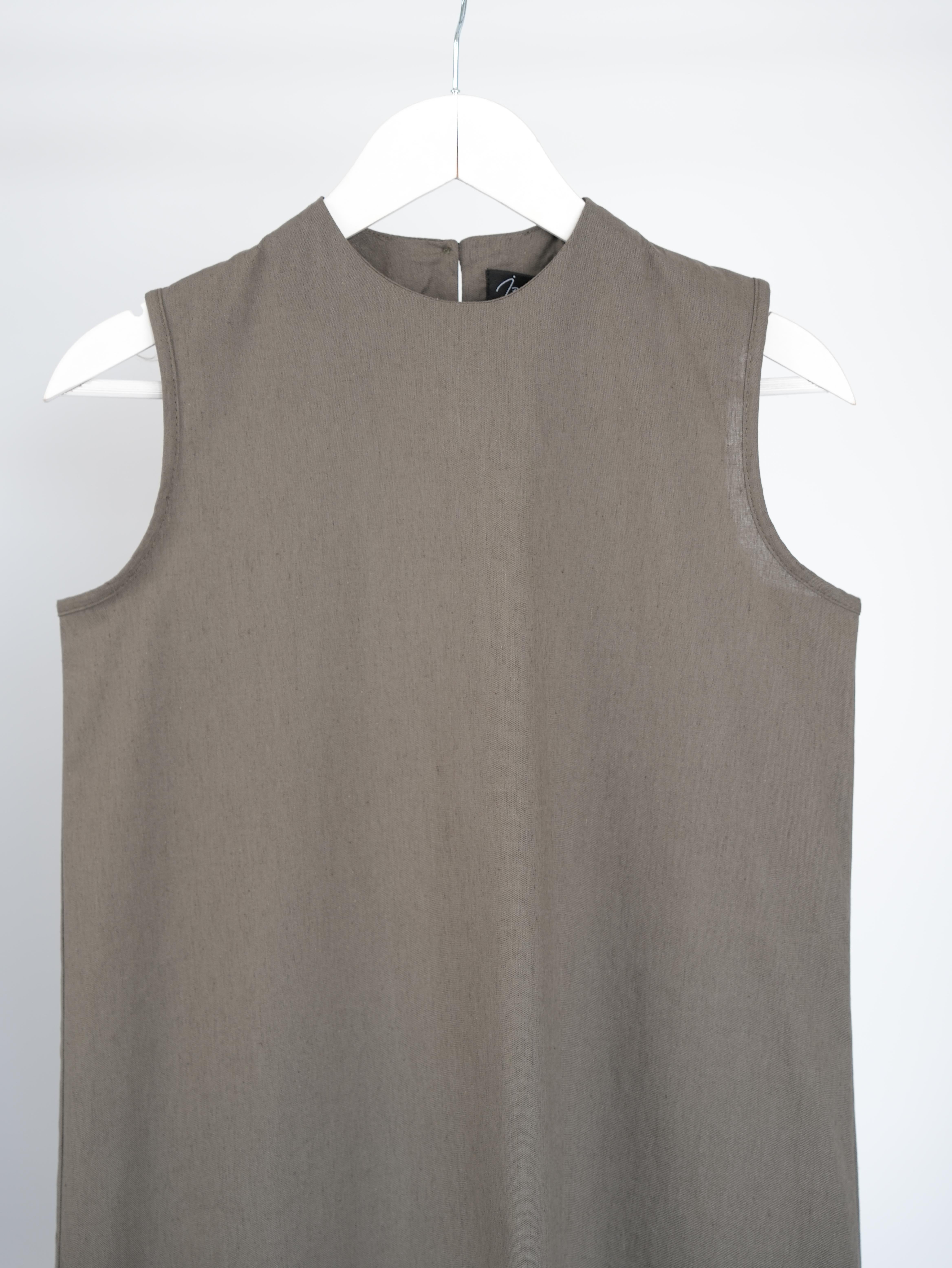 Kolsuz Keten Elbise Haki Yeşil