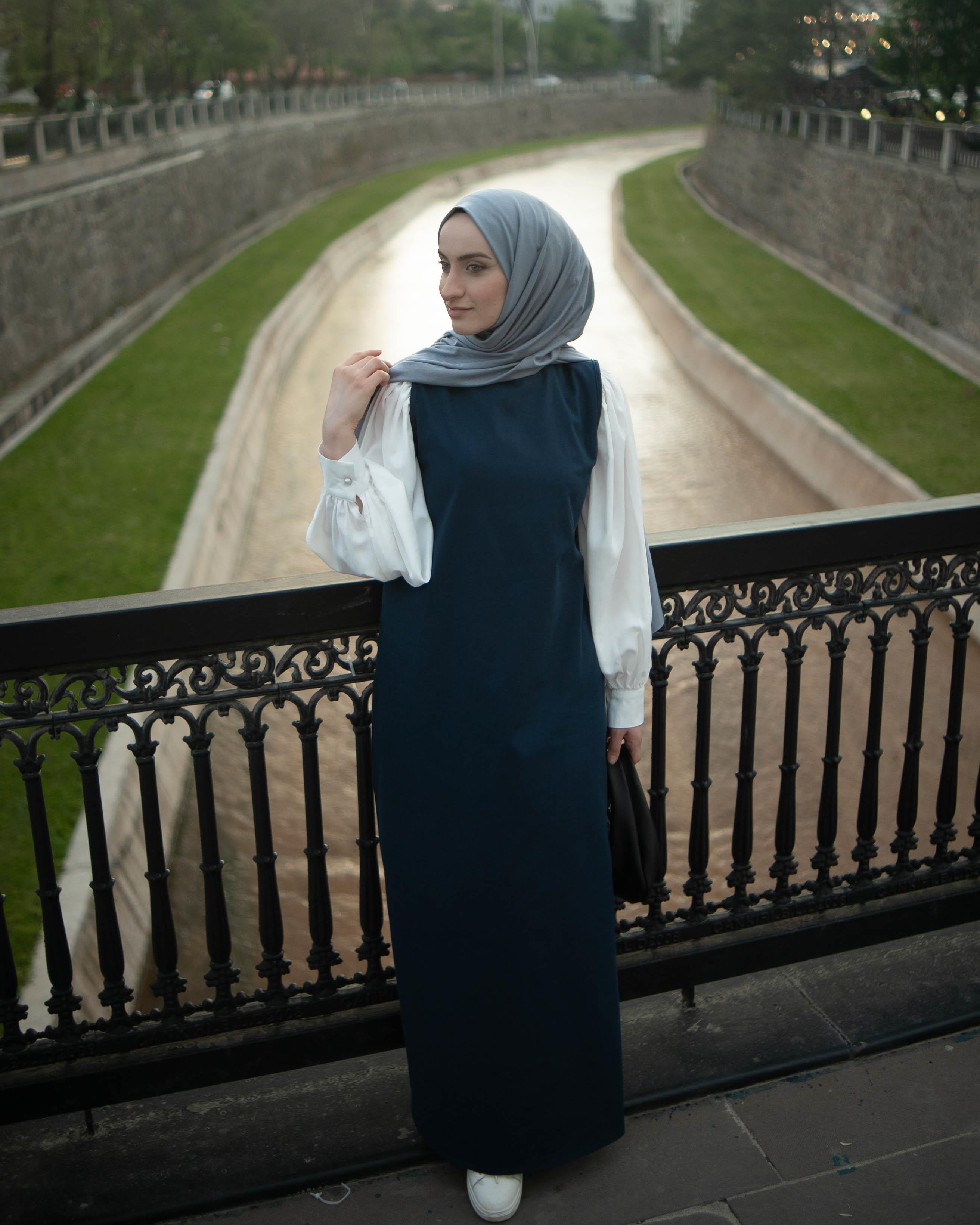 Kolsuz Keten Elbise Lacivert