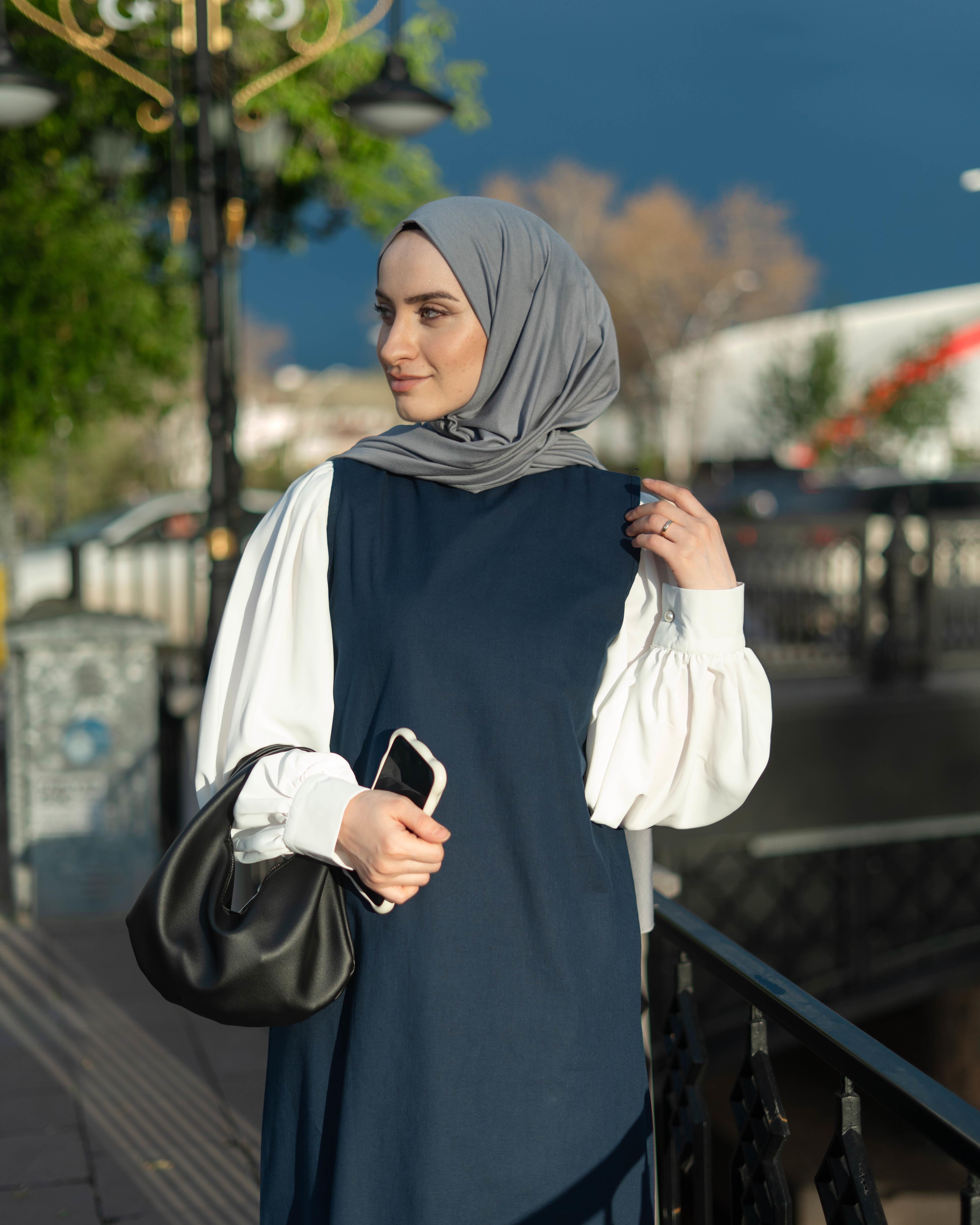 Kolsuz Keten Elbise Lacivert