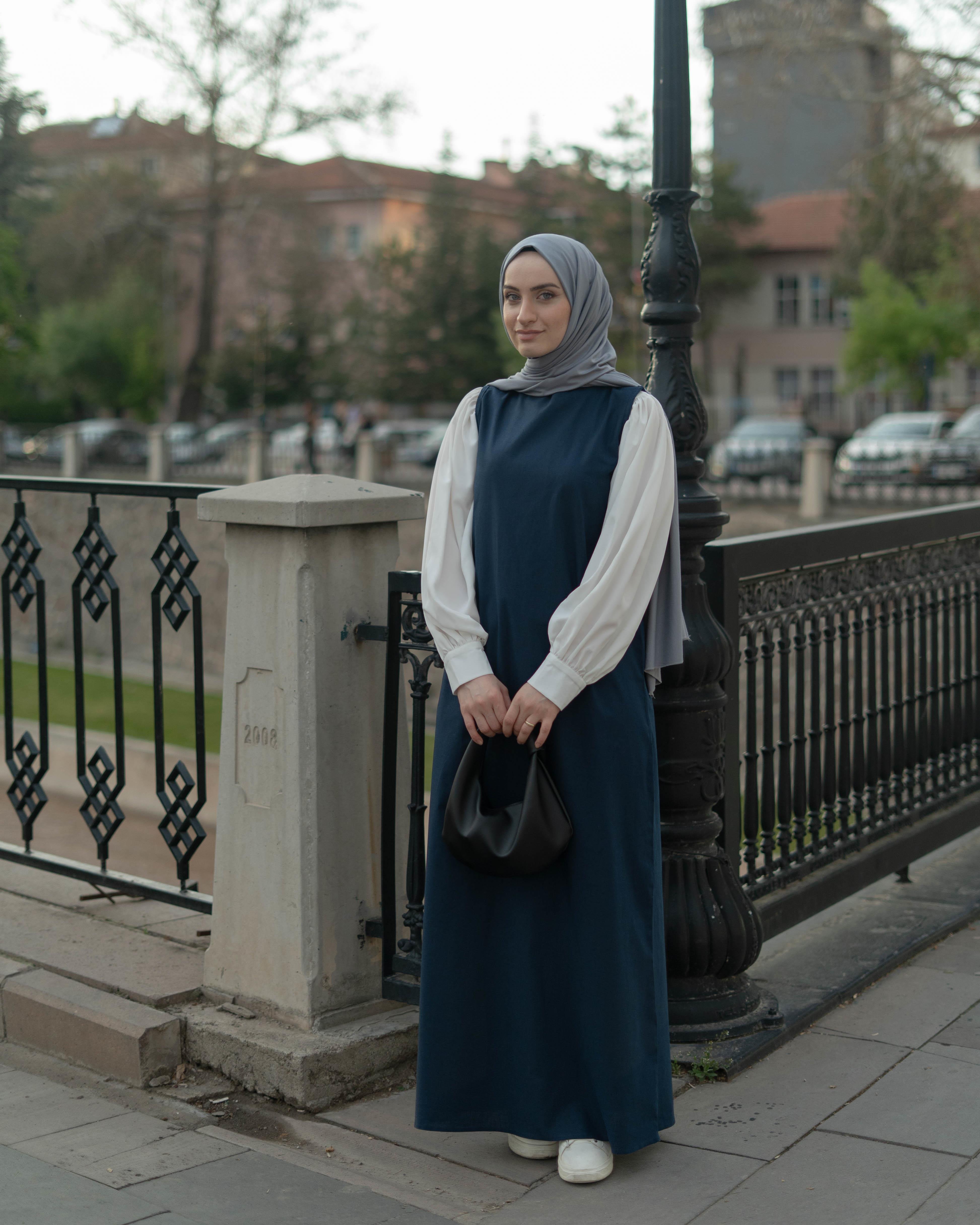 Kolsuz Keten Elbise Lacivert