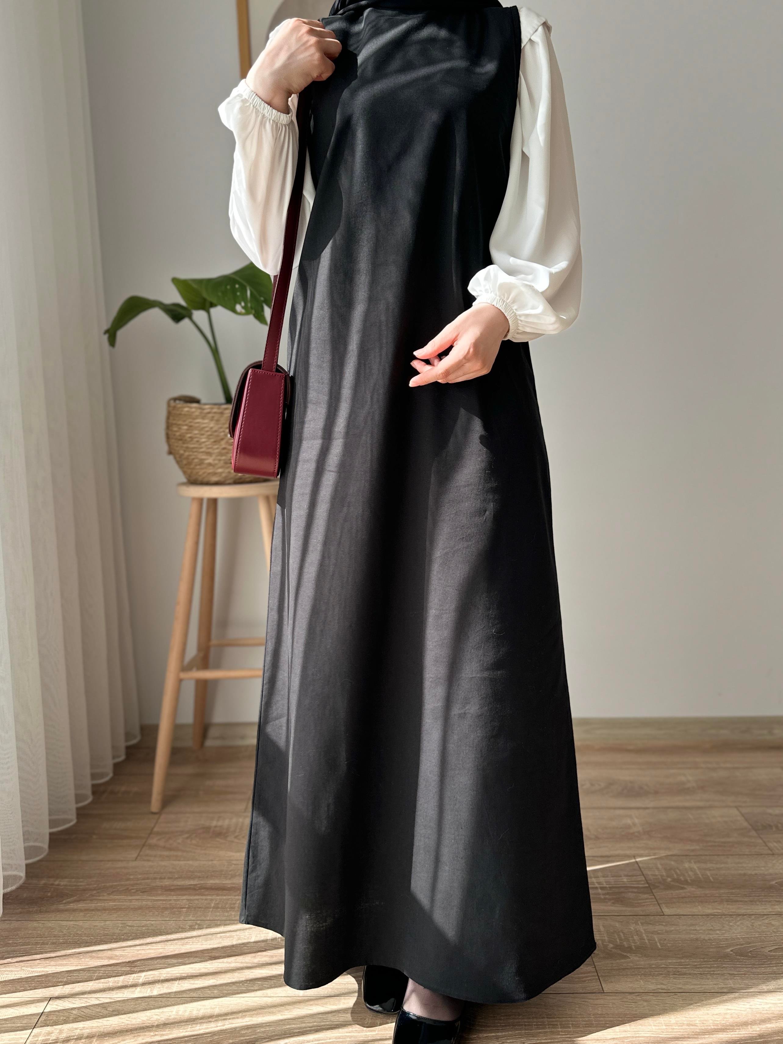 Kolsuz Keten Elbise Siyah