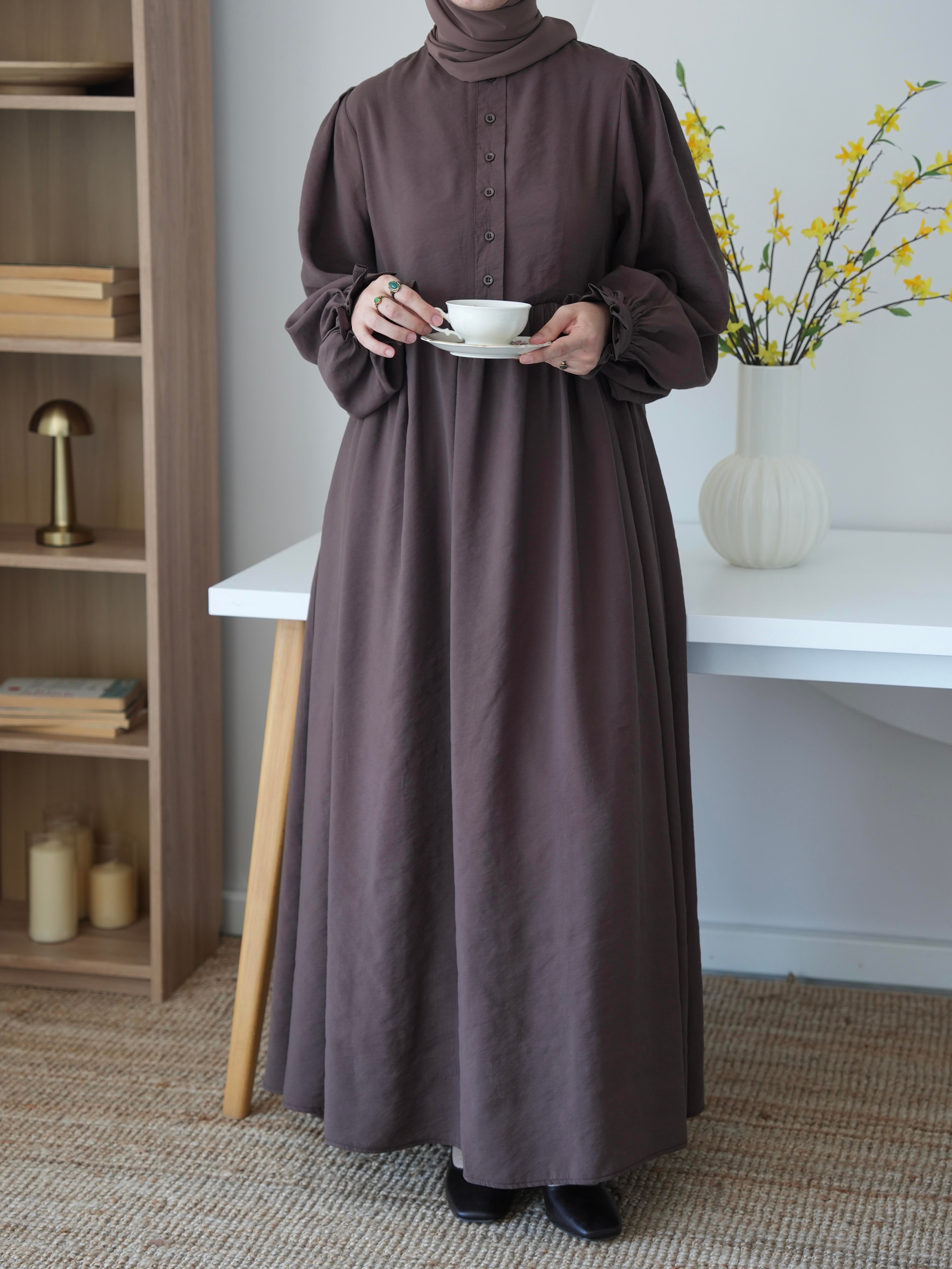 Modal Büzgülü Elbise Kahverengi