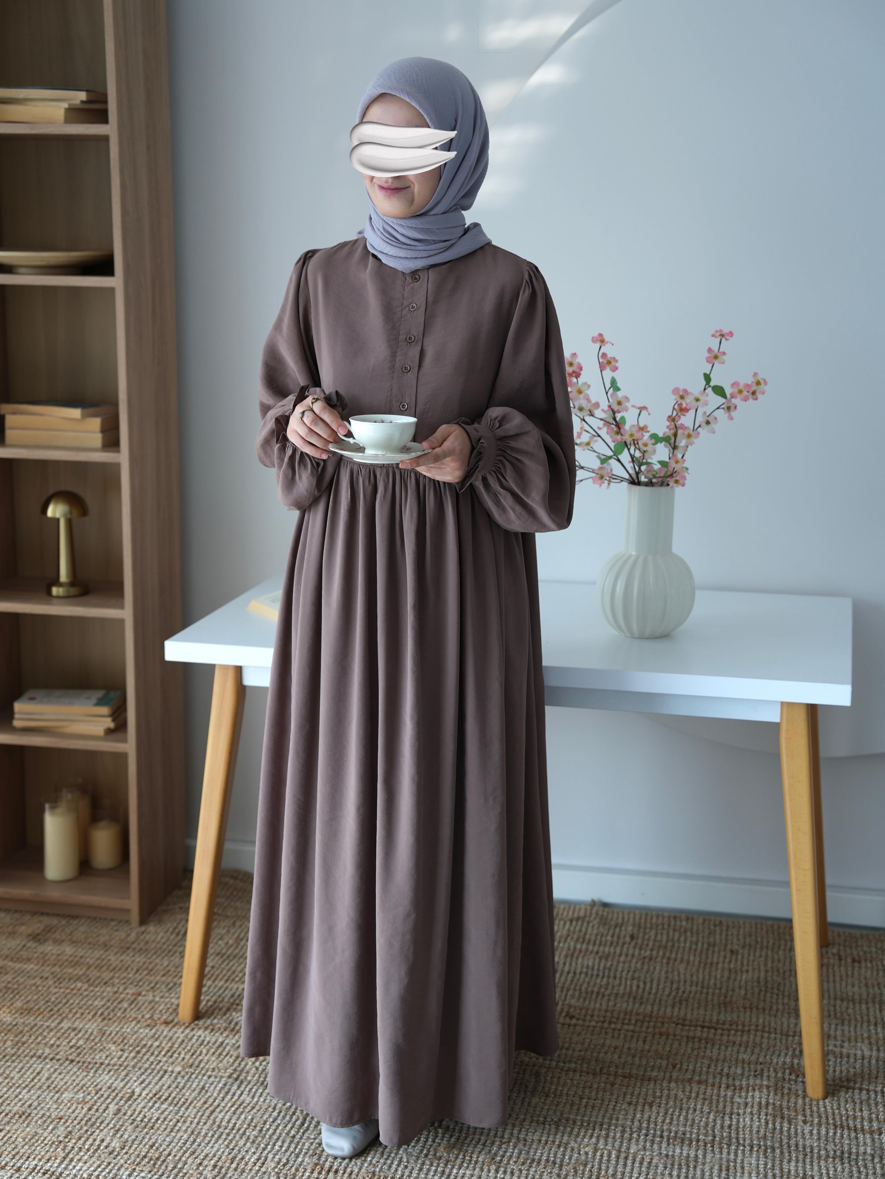 Modal Büzgülü Elbise Vizon