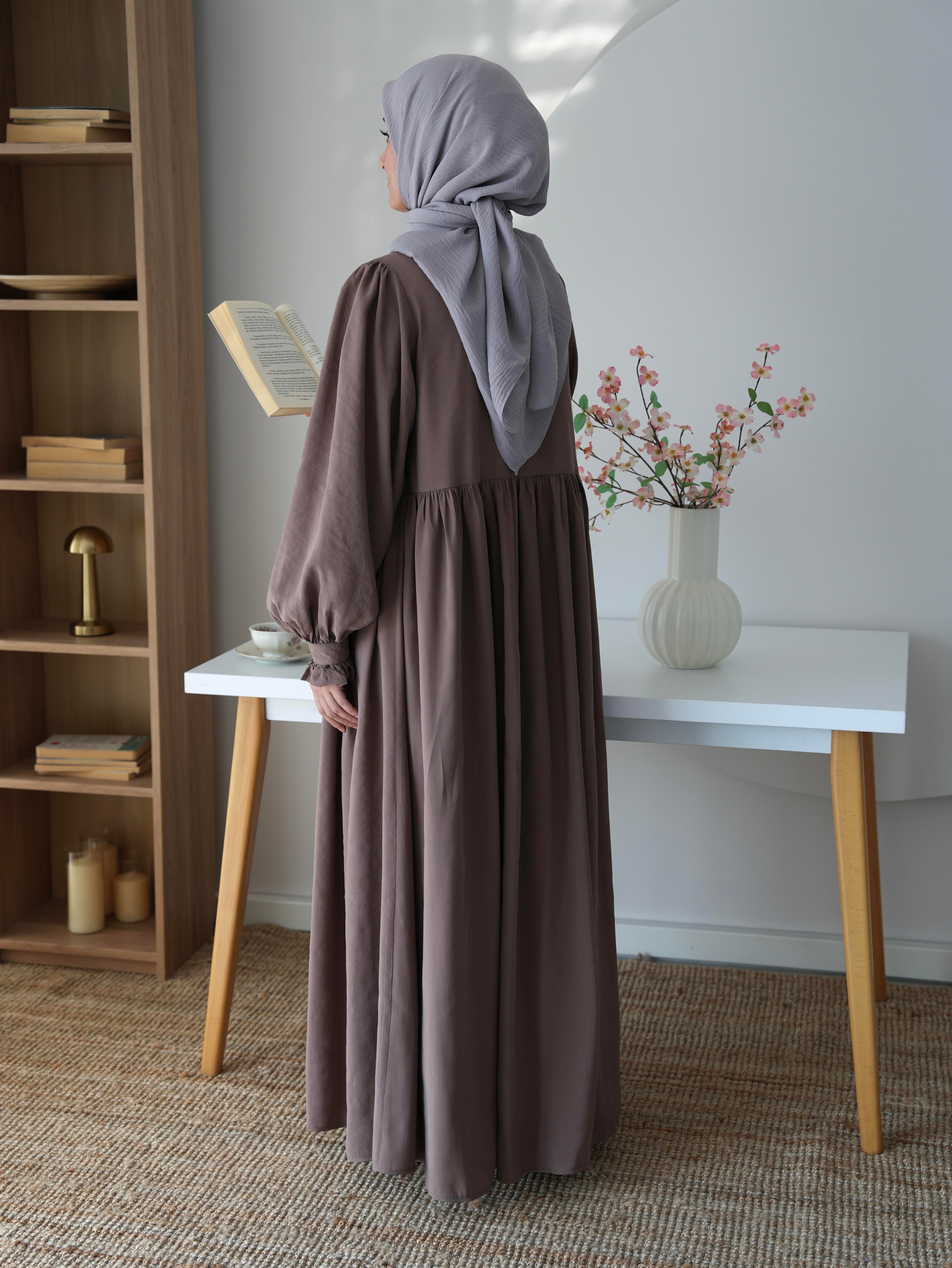 Modal Büzgülü Elbise Vizon