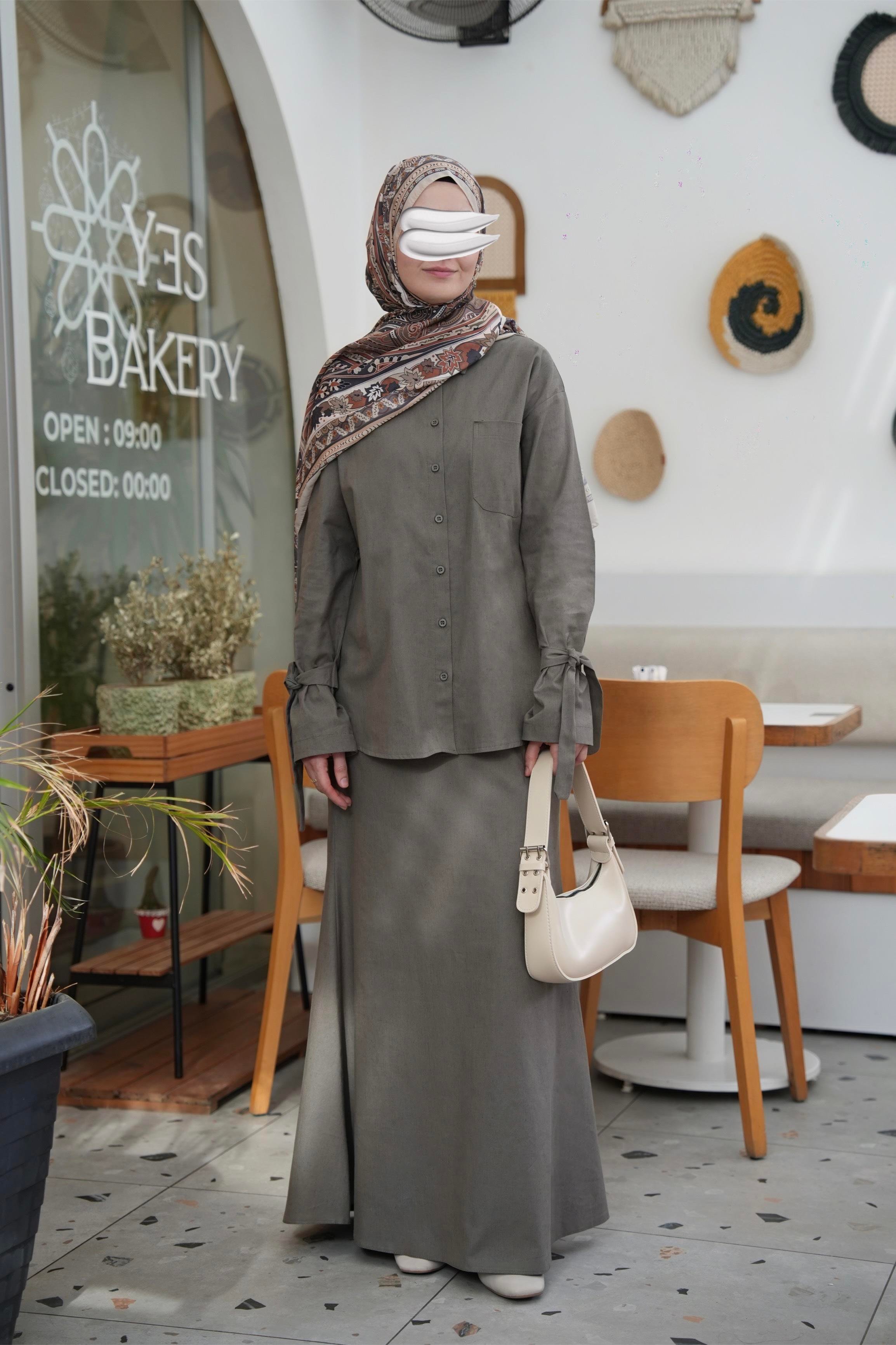 Pamuk Keten Etekli Takım Haki Yeşil