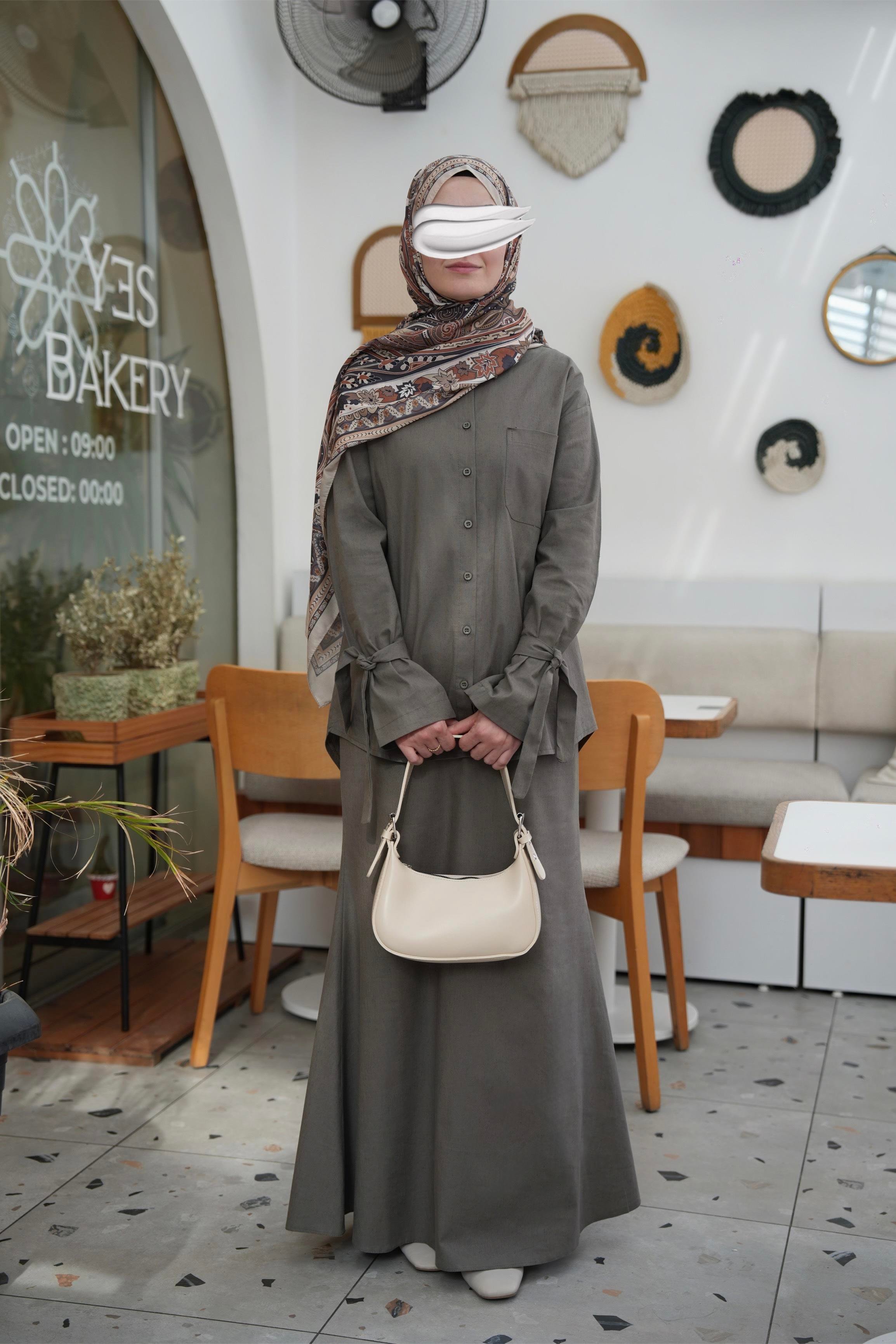 Pamuk Keten Etekli Takım Haki Yeşil