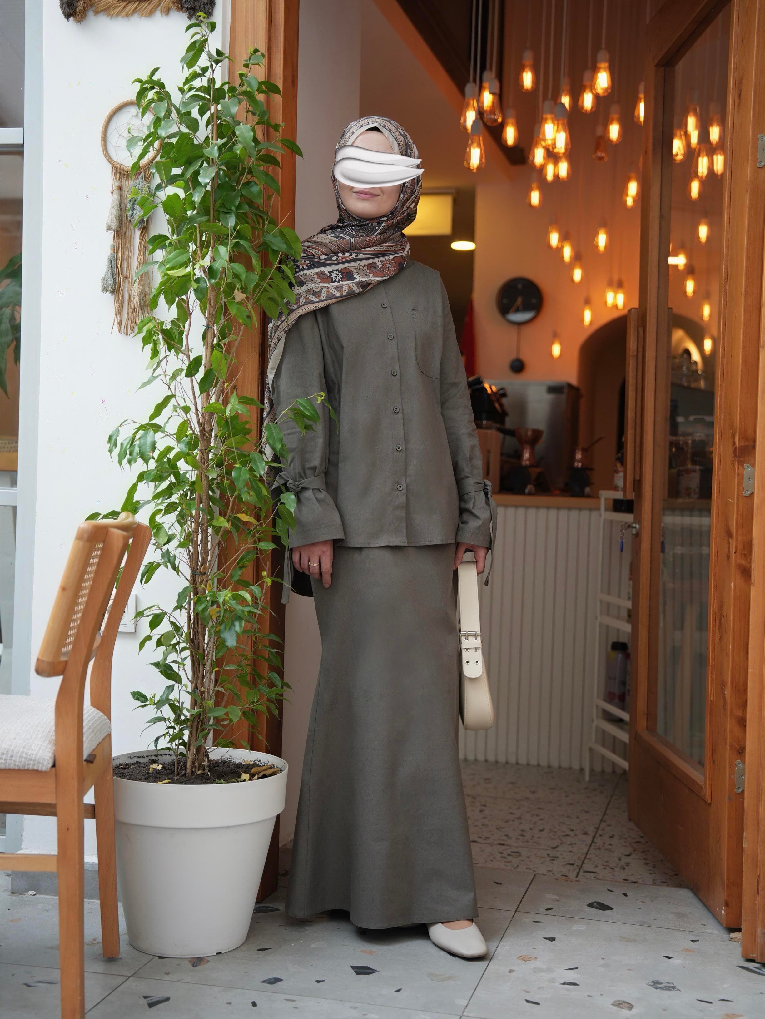 Pamuk Keten Etekli Takım Haki Yeşil