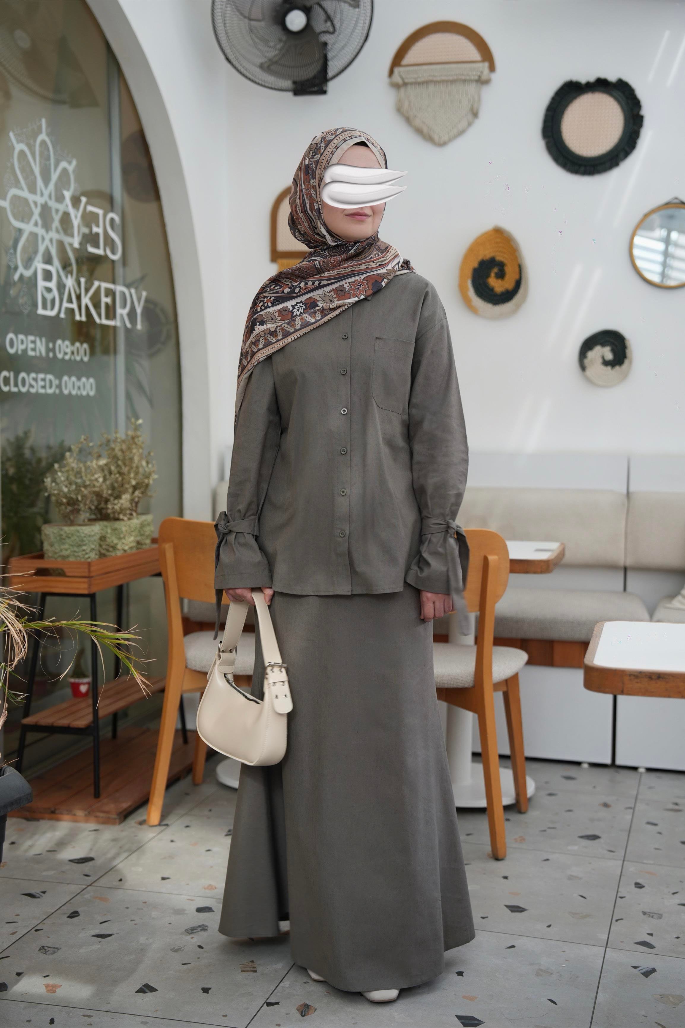 Pamuk Keten Etekli Takım Haki Yeşil