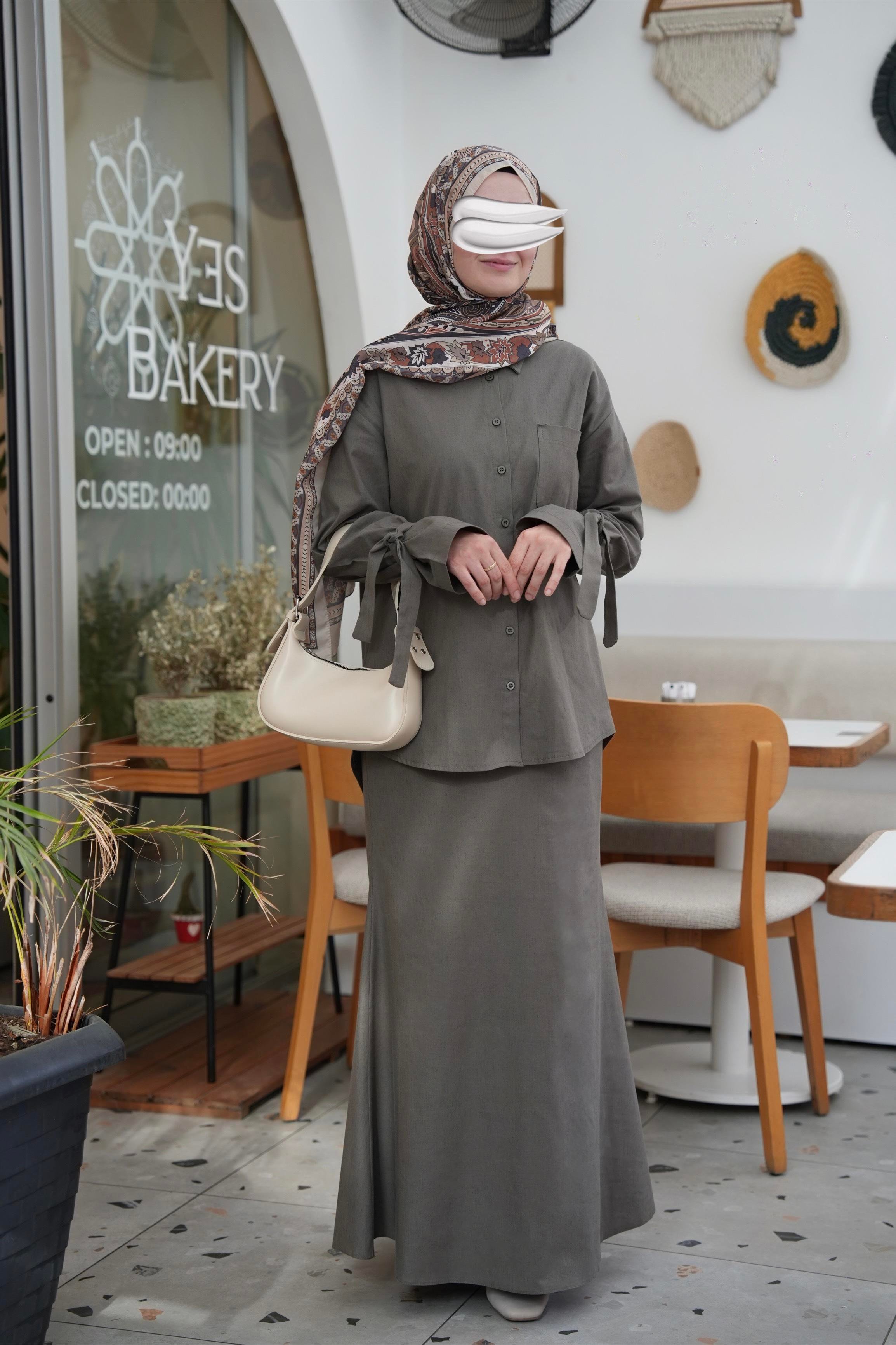 Pamuk Keten Etekli Takım Haki Yeşil