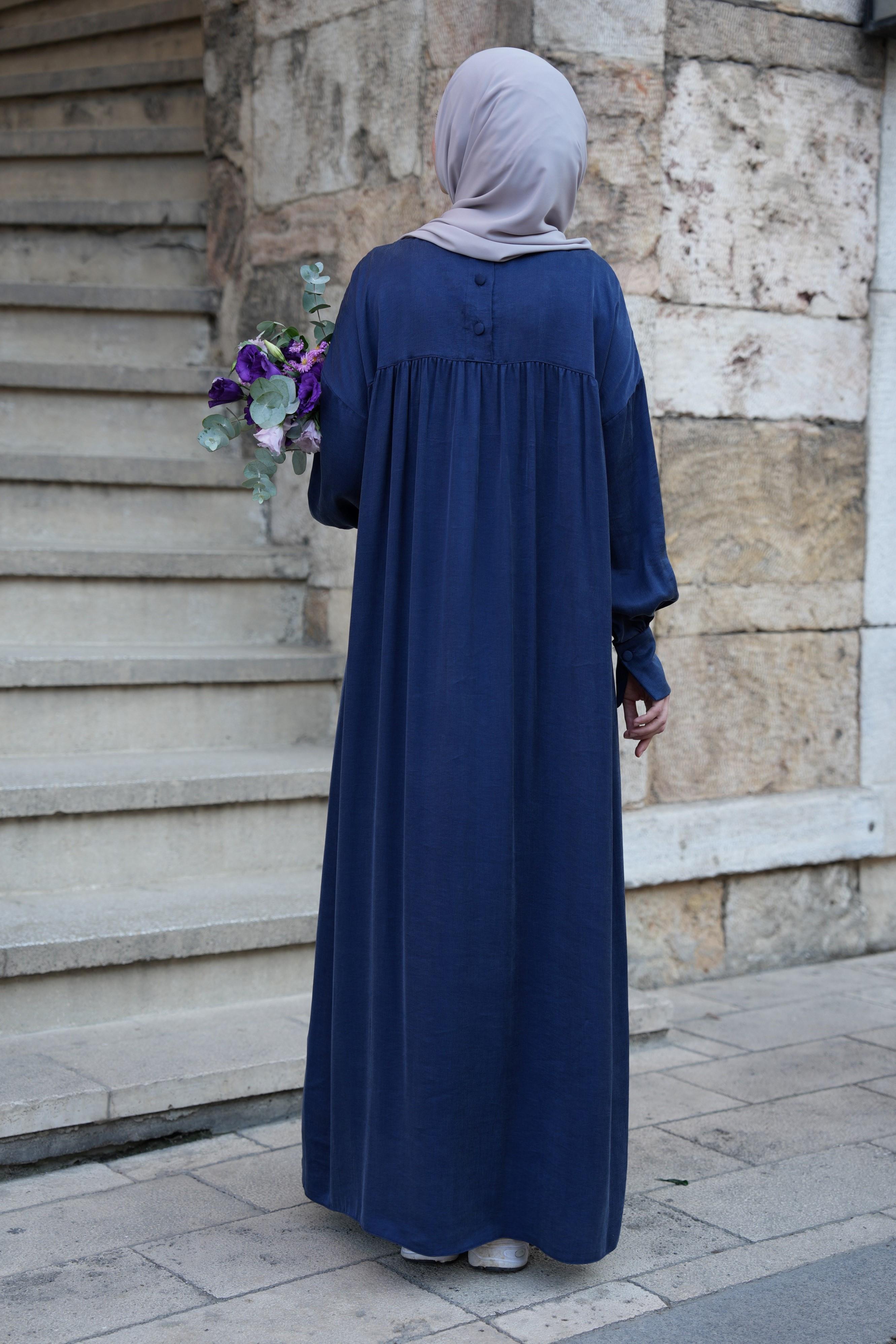 Robalı İpek Cupra Elbise Gece Mavisi