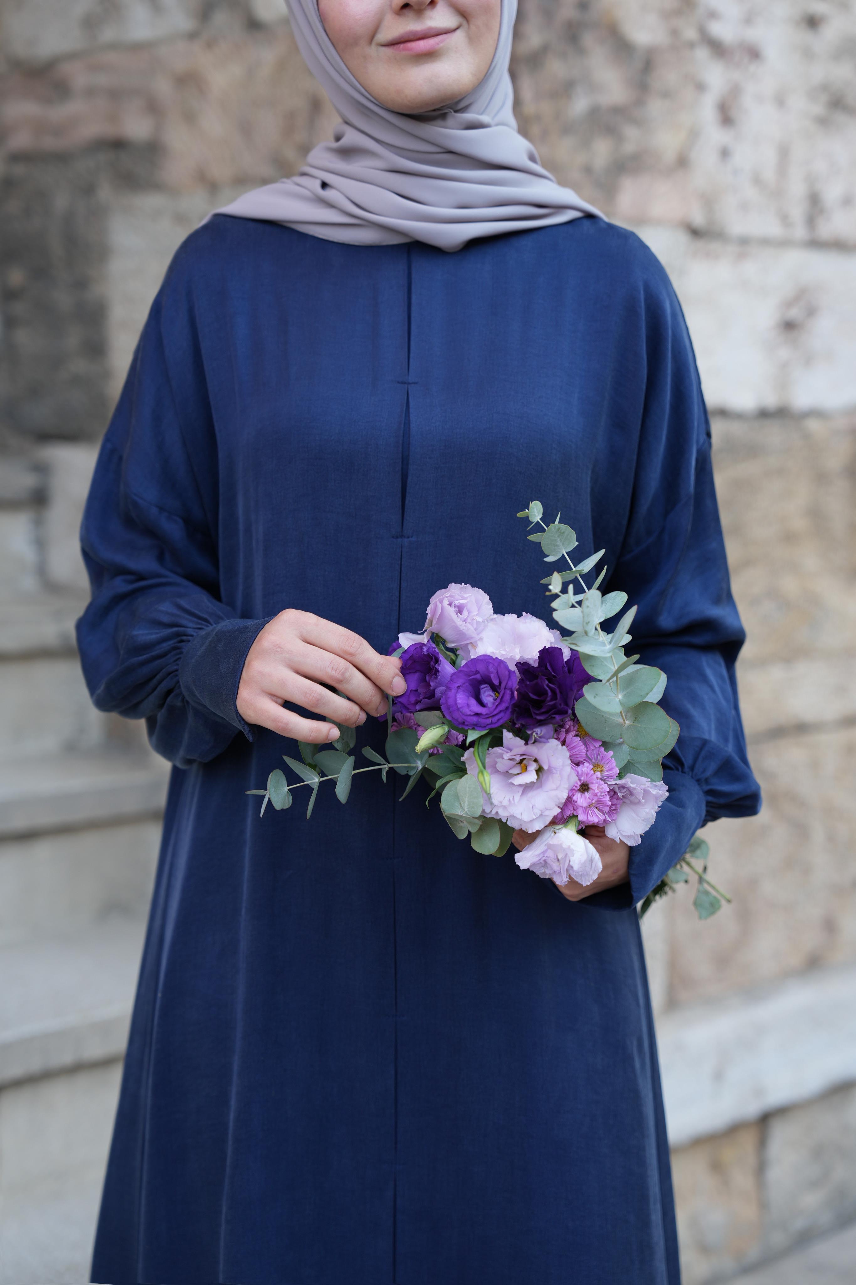 Robalı İpek Cupra Elbise Gece Mavisi