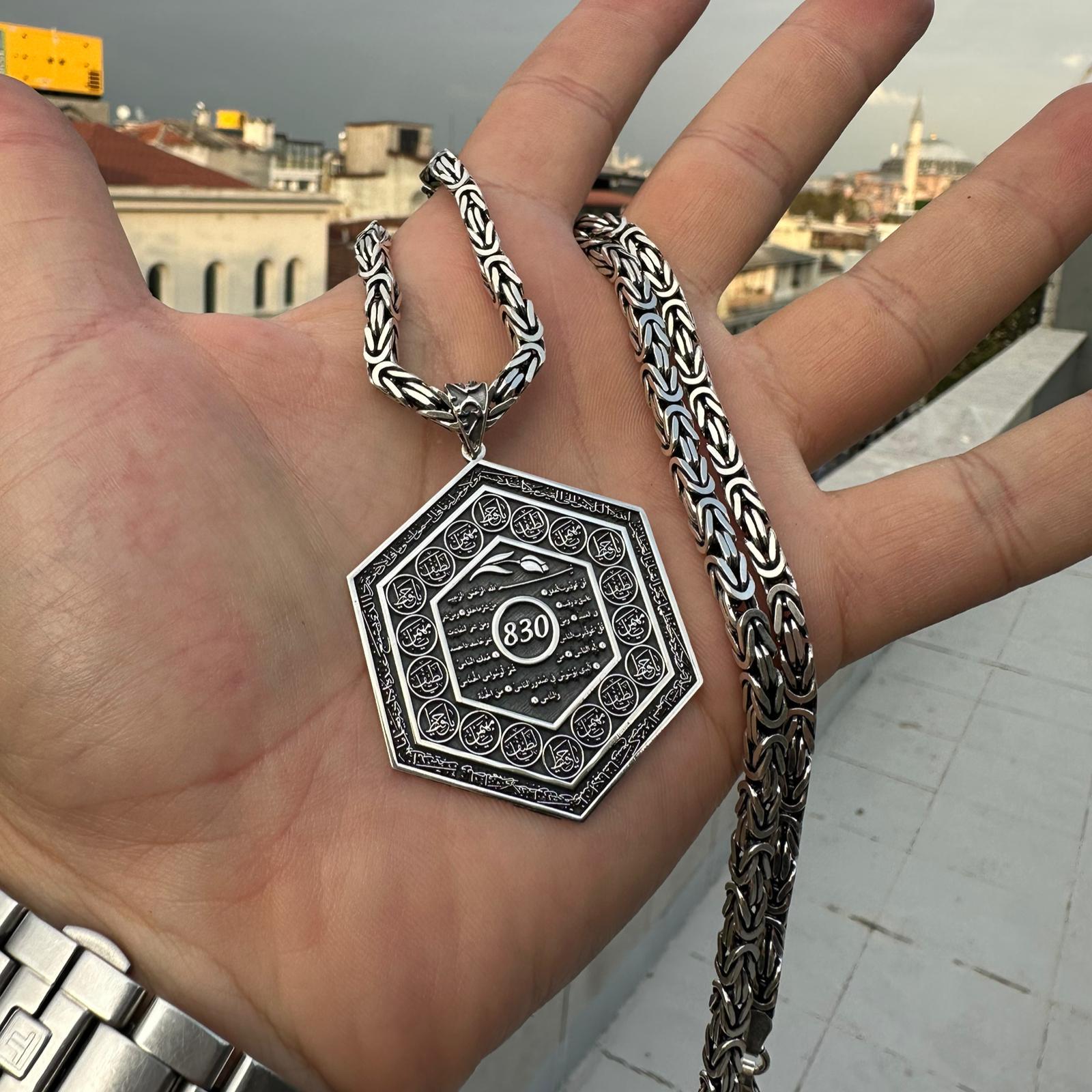 4 cm Altıgen Esmaül Hüsna Gümüş Madalyon Kolye