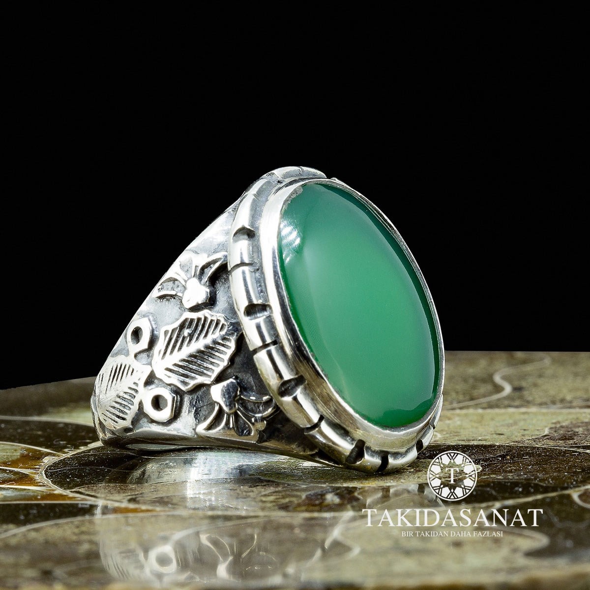 Yeşil Akik Taşlı El Yapımı Gümüş Yüzük