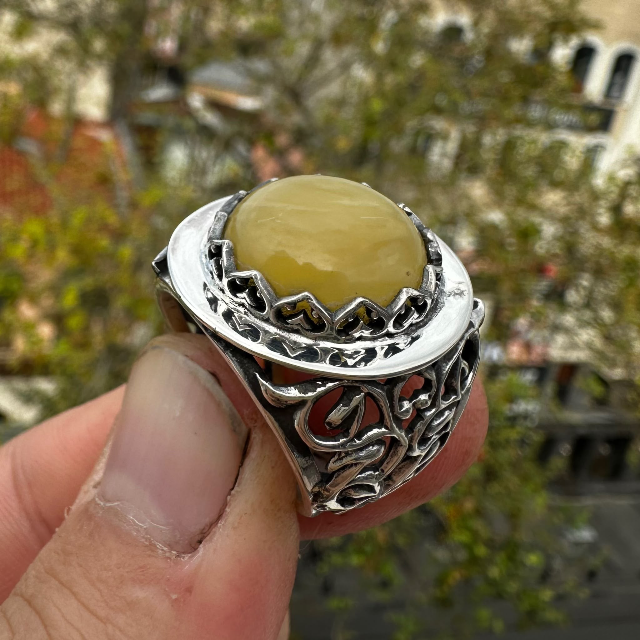 Hakiki Damla Kehribar Taşlı El Yapımı Gümüş Yüzük