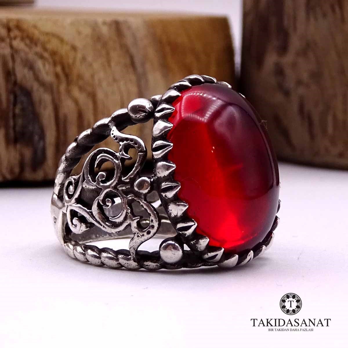 Kubbeli Oval Kesim Ateş Kehribar Kırmızısı Taşlı Gümüş Yüzük