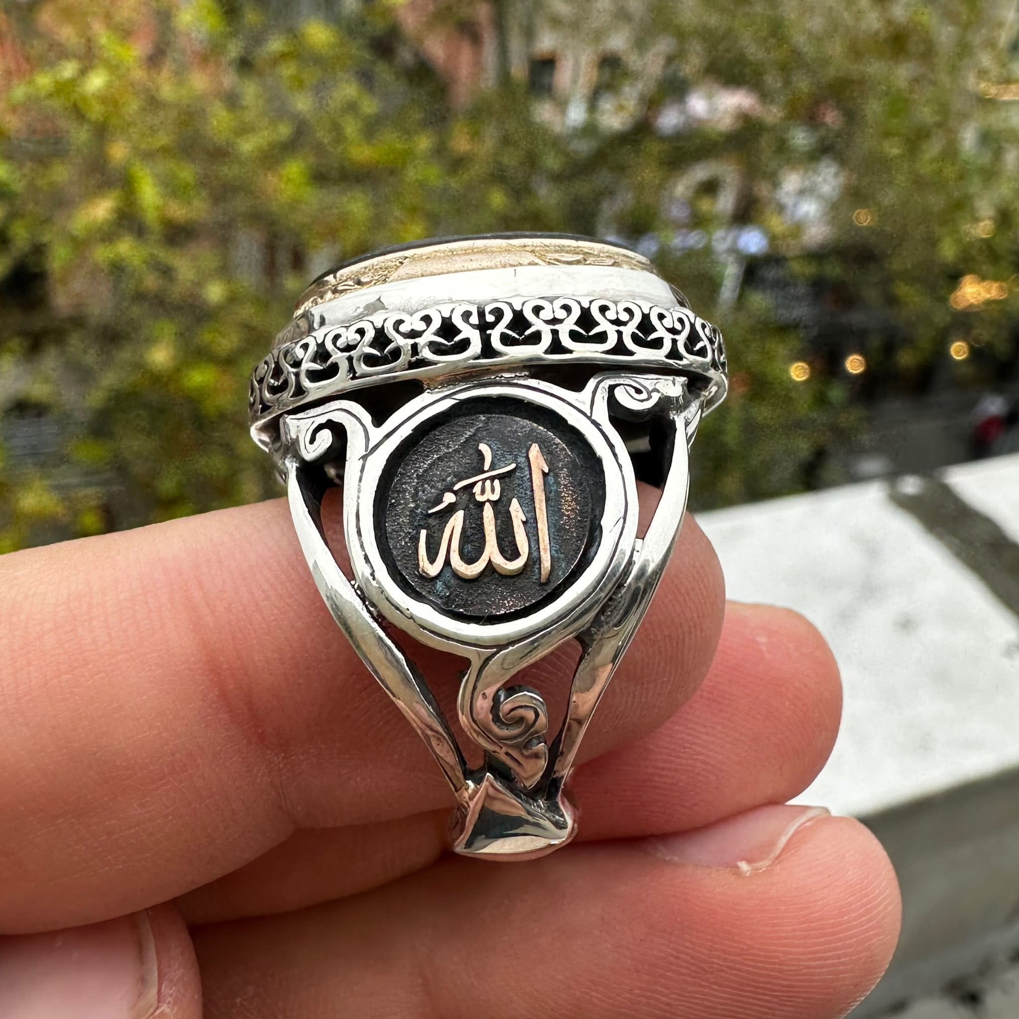 Mat Antik Akik Taşlı La Galibe İllallah Yazılı El İşçiliği Gümüş Yüzük