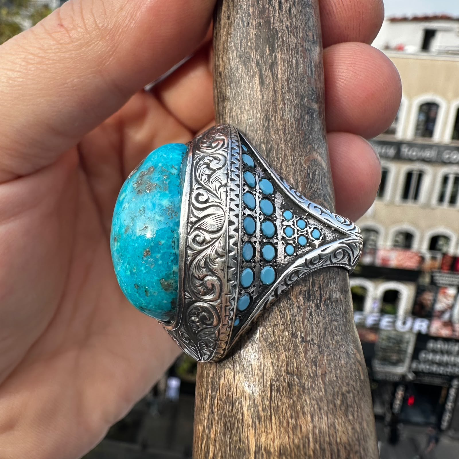 Nişabur Firuze Taşlı Özel Tasarım Sanat eseri Gümüş Yüzük