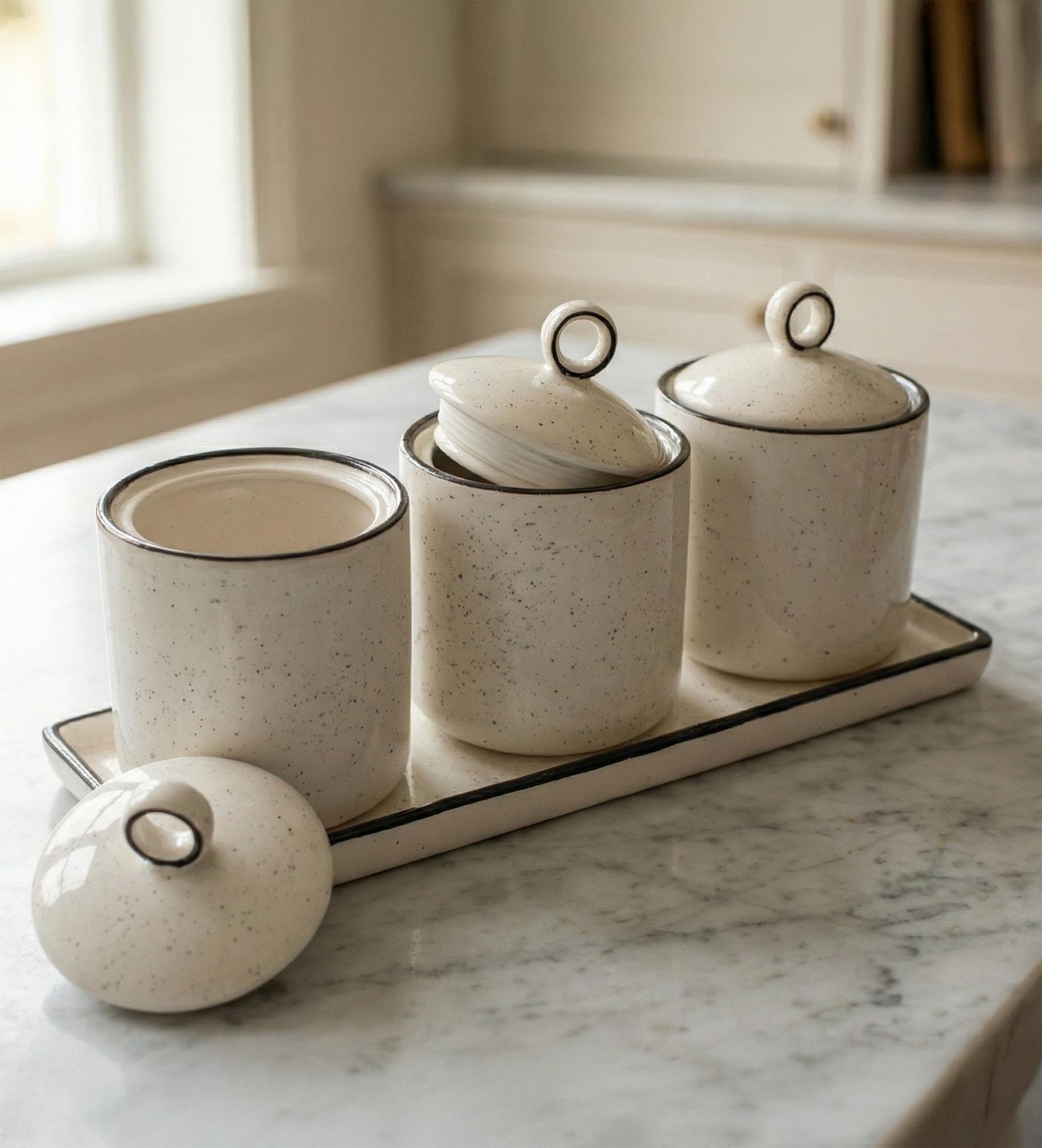 3'lü Standlı Vakumlu Kapaklı Beyaz Renk Porselen Baharatlık 7 Parça Baharat Saklama Kabı 400mL.